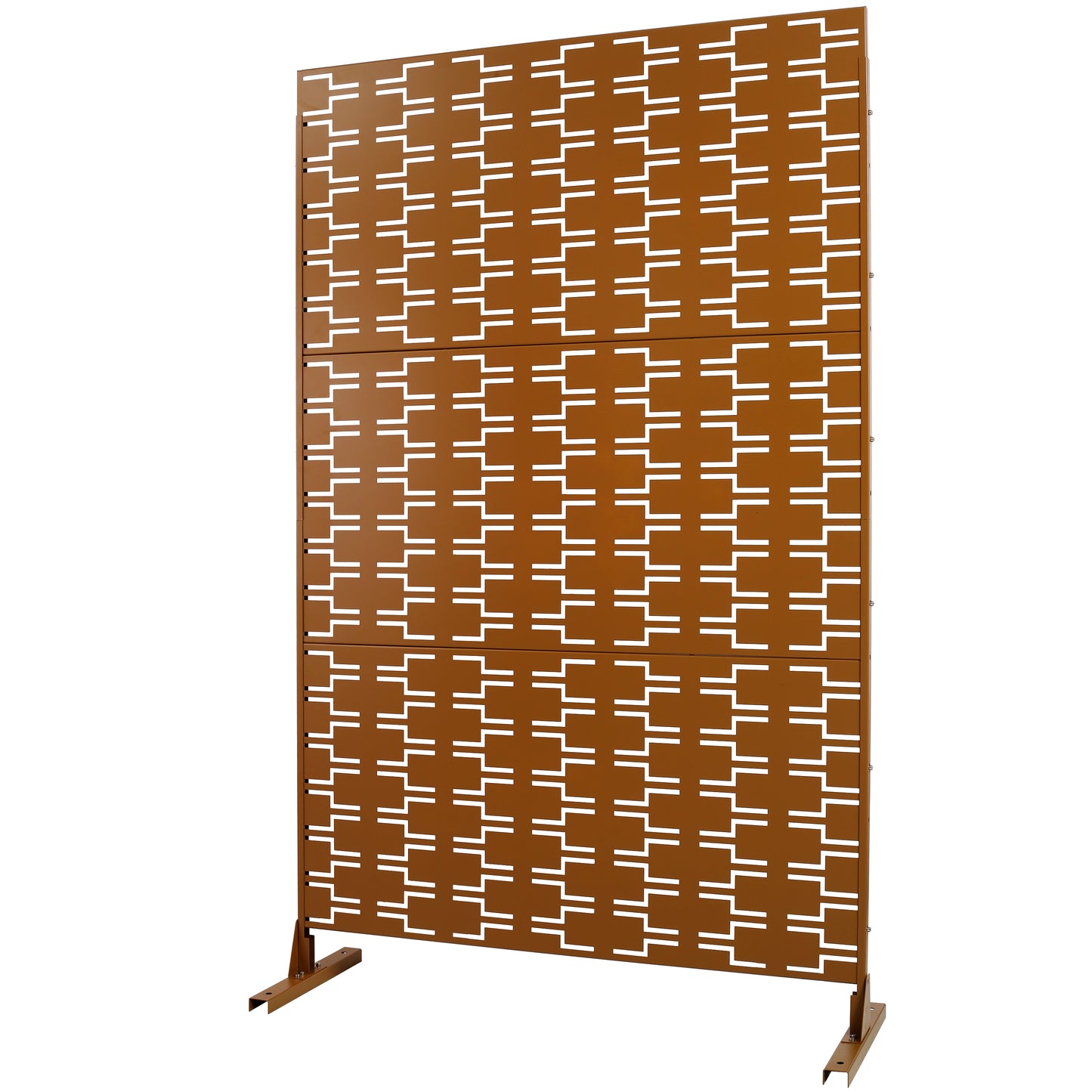 Bronze metal privacy screen with modern geometric cutout pattern