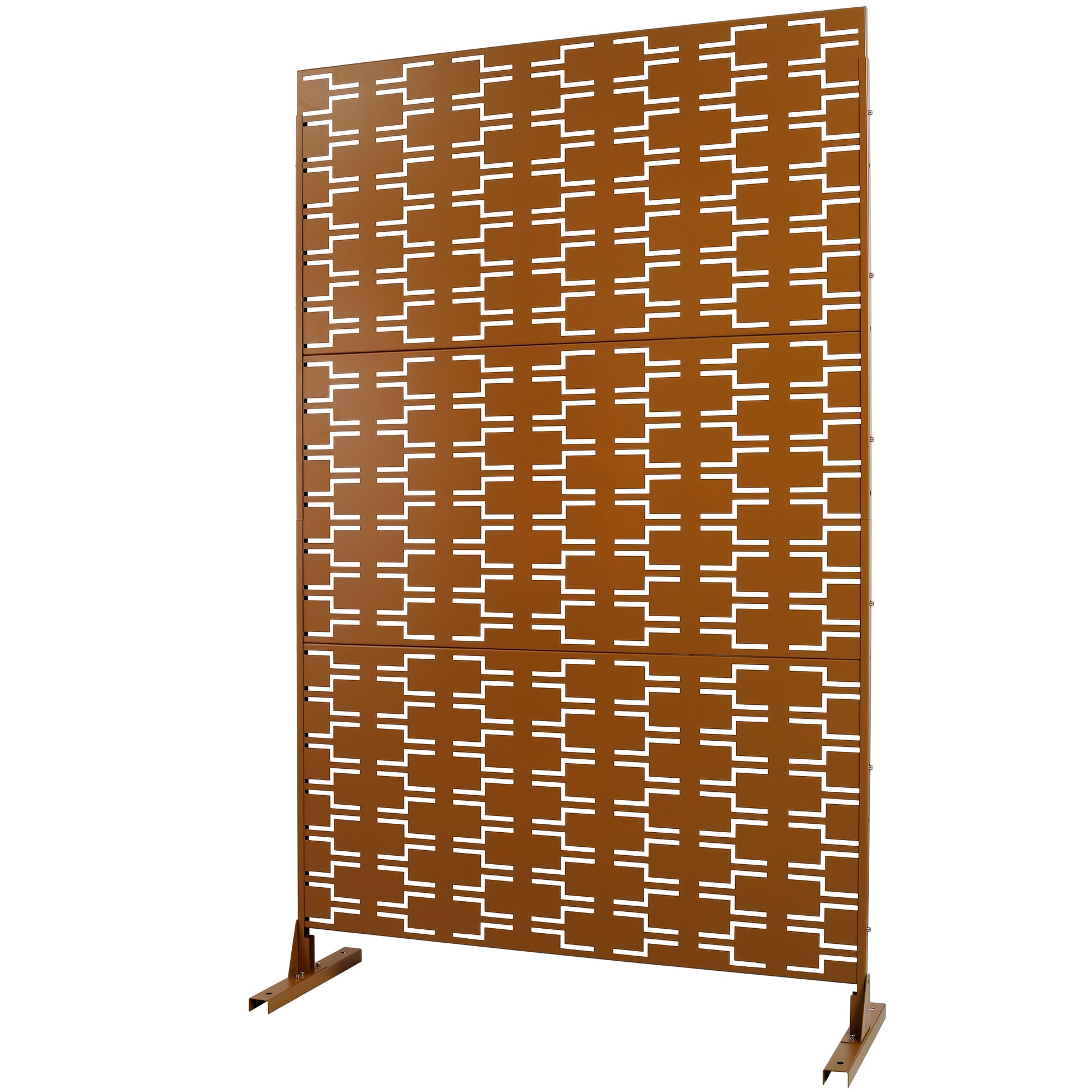 Bronze metal privacy screen with modern geometric cutout pattern