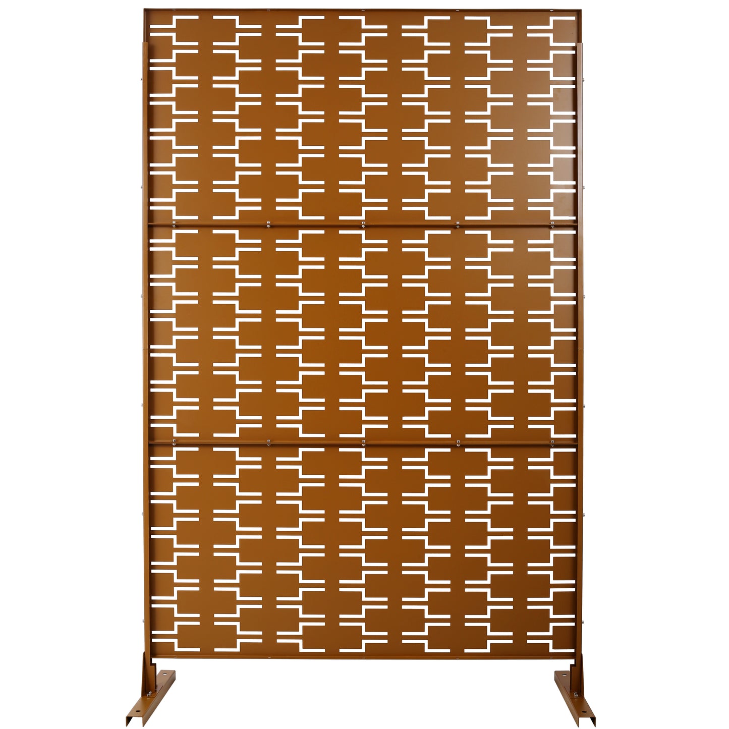 Bronze metal garden screen with repeating geometric cutout pattern for privacy