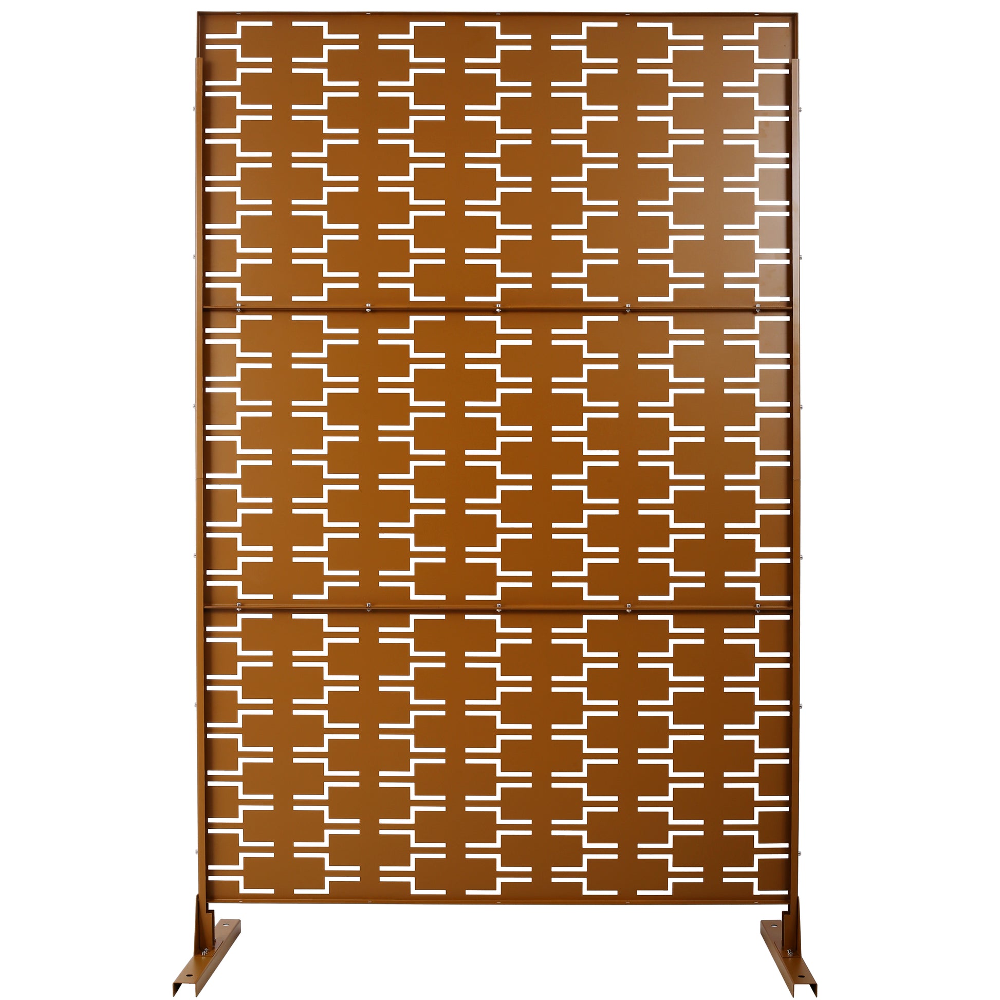 Bronze metal garden screen with repeating geometric cutout pattern for privacy