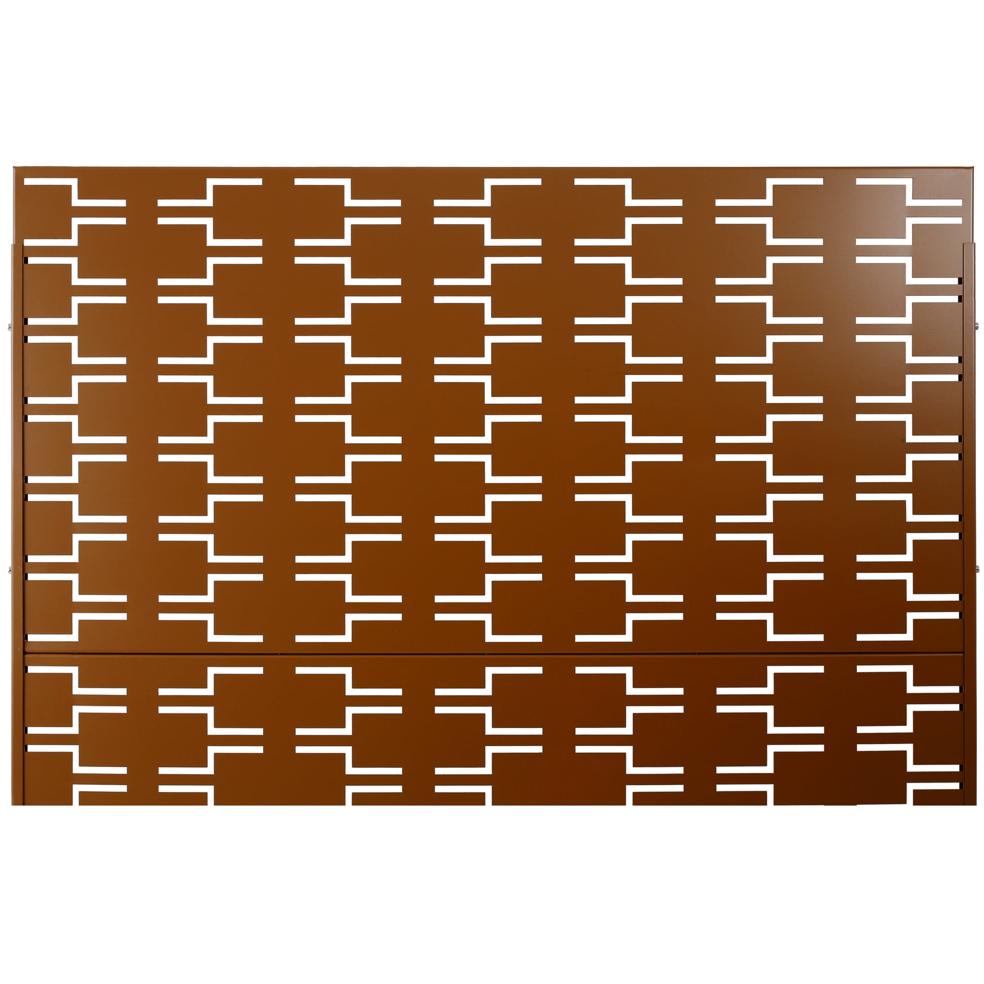 Brown lasercut metal privacy screen panel with a geometric interlocking pattern for garden use