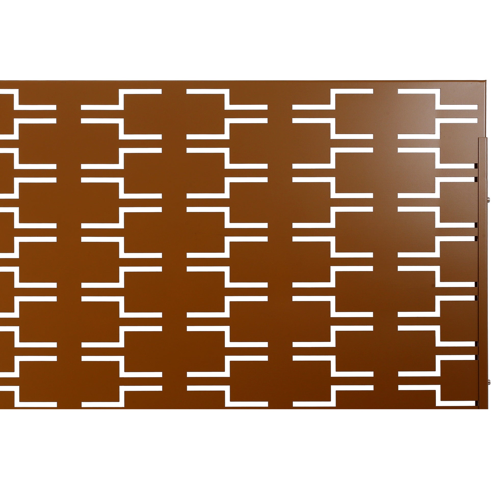 Bronze decorative metal panel with a modern geometric cutout pattern ideal for outdoor privacy screens