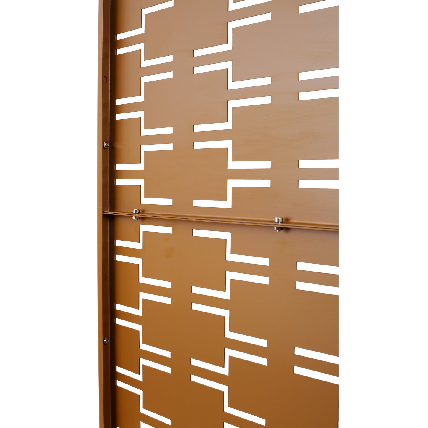 Modern brown metal garden screen with geometric cutouts for privacy and decor