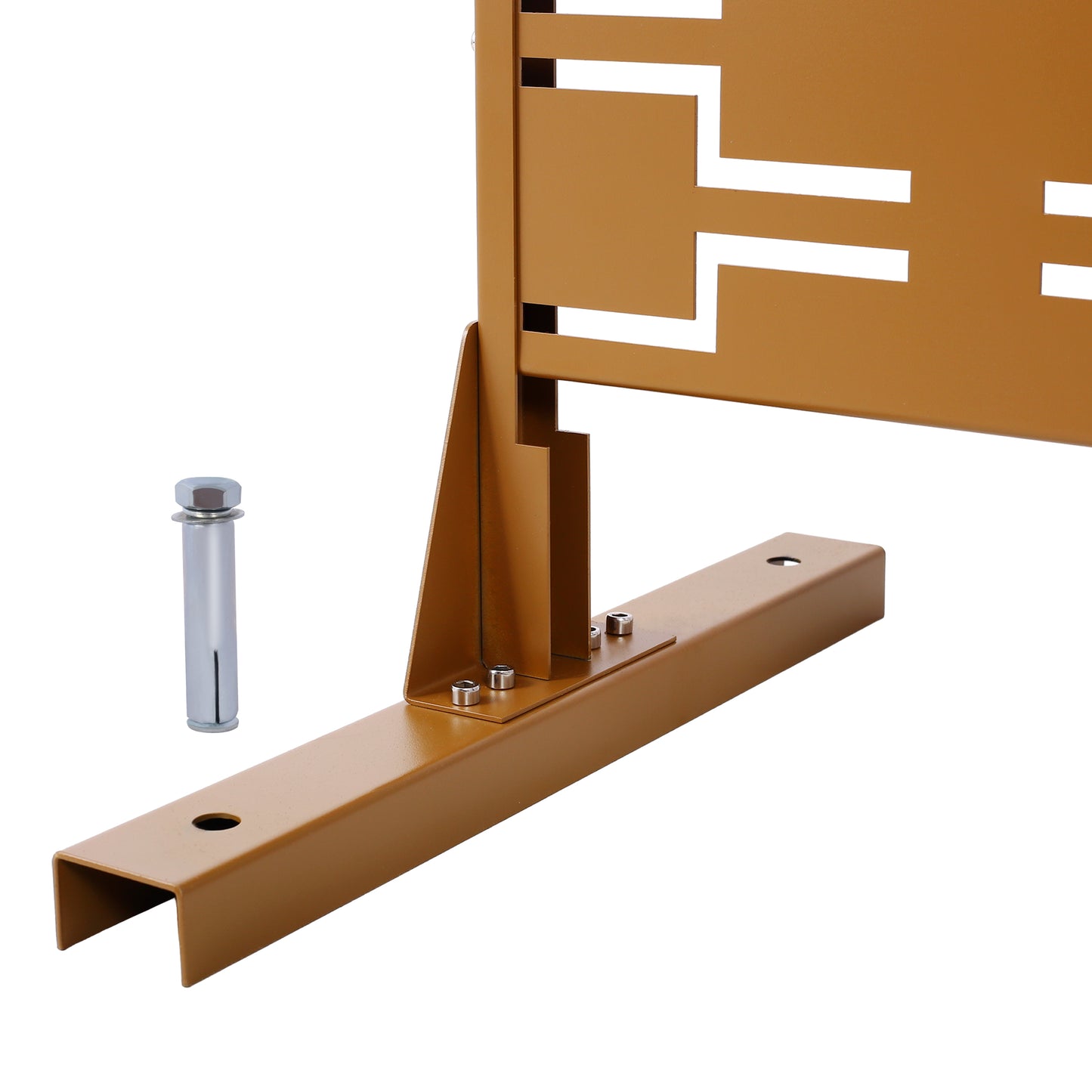 Bronze metal privacy screen panel with geometric cutouts and mounting hardware