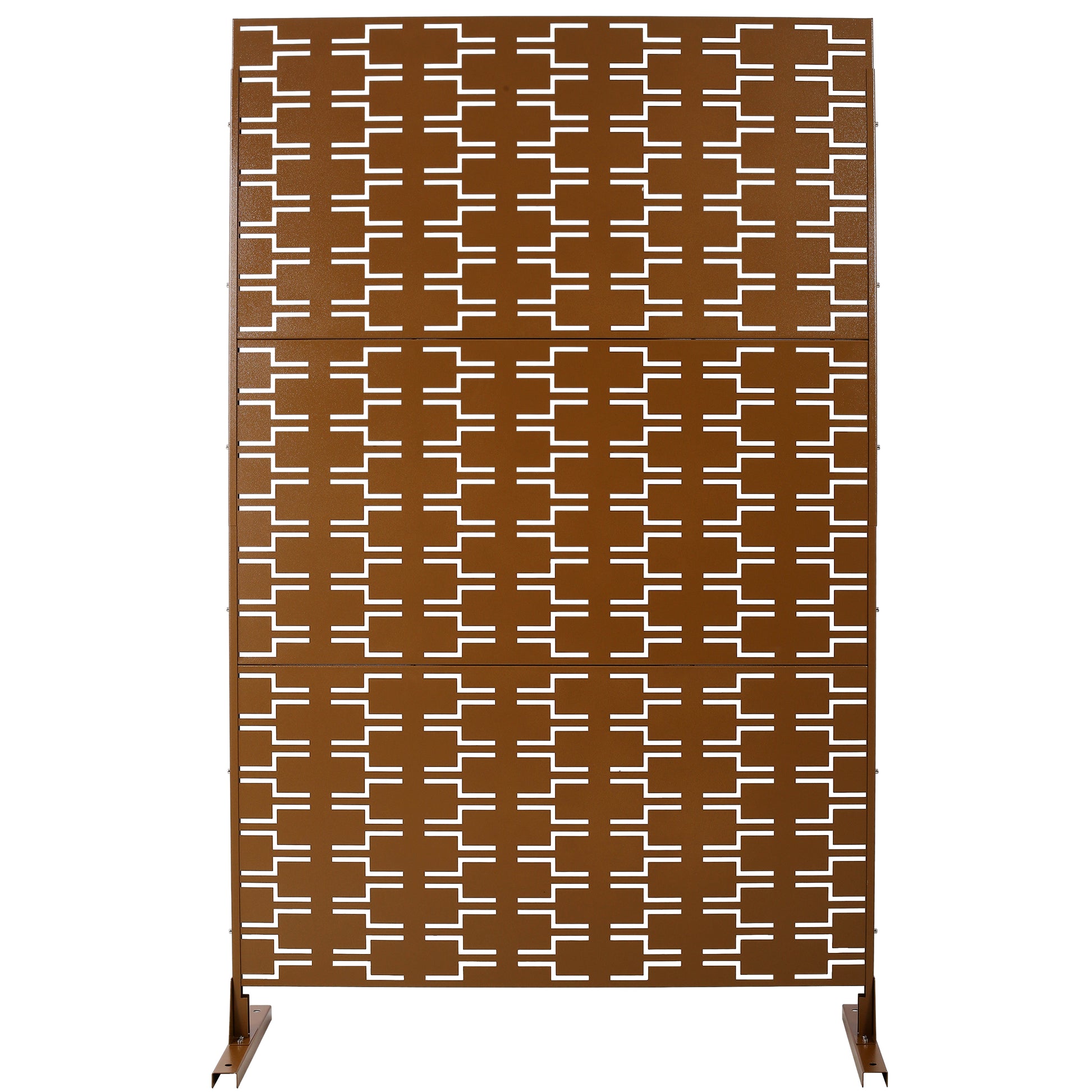 Brown decorative metal garden screen with modern geometric cutouts ideal for privacy
