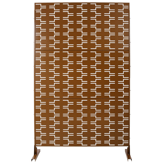 Brown decorative metal garden screen with modern geometric cutouts ideal for privacy
