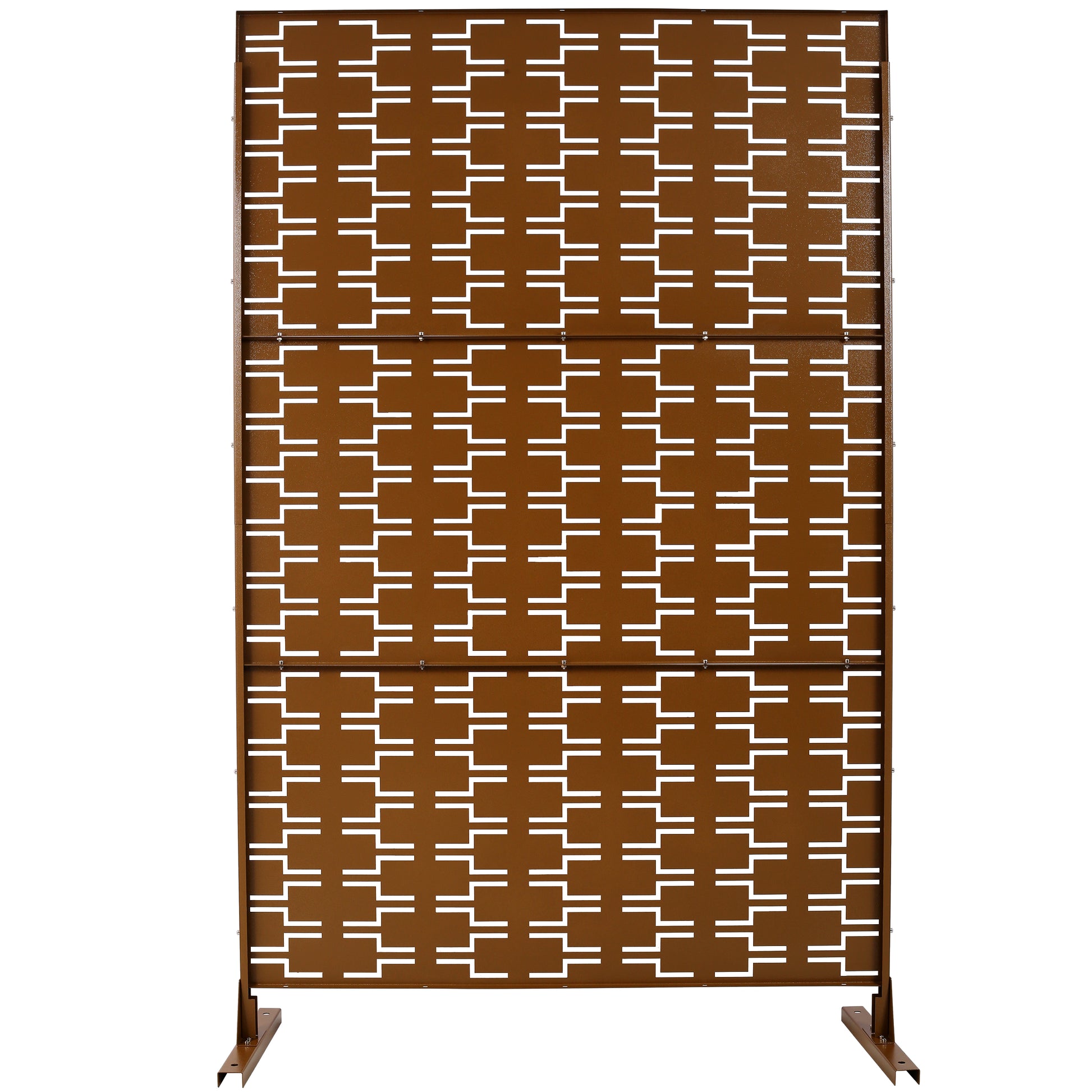 Brown metal outdoor privacy screen with geometric cutouts and a modern design