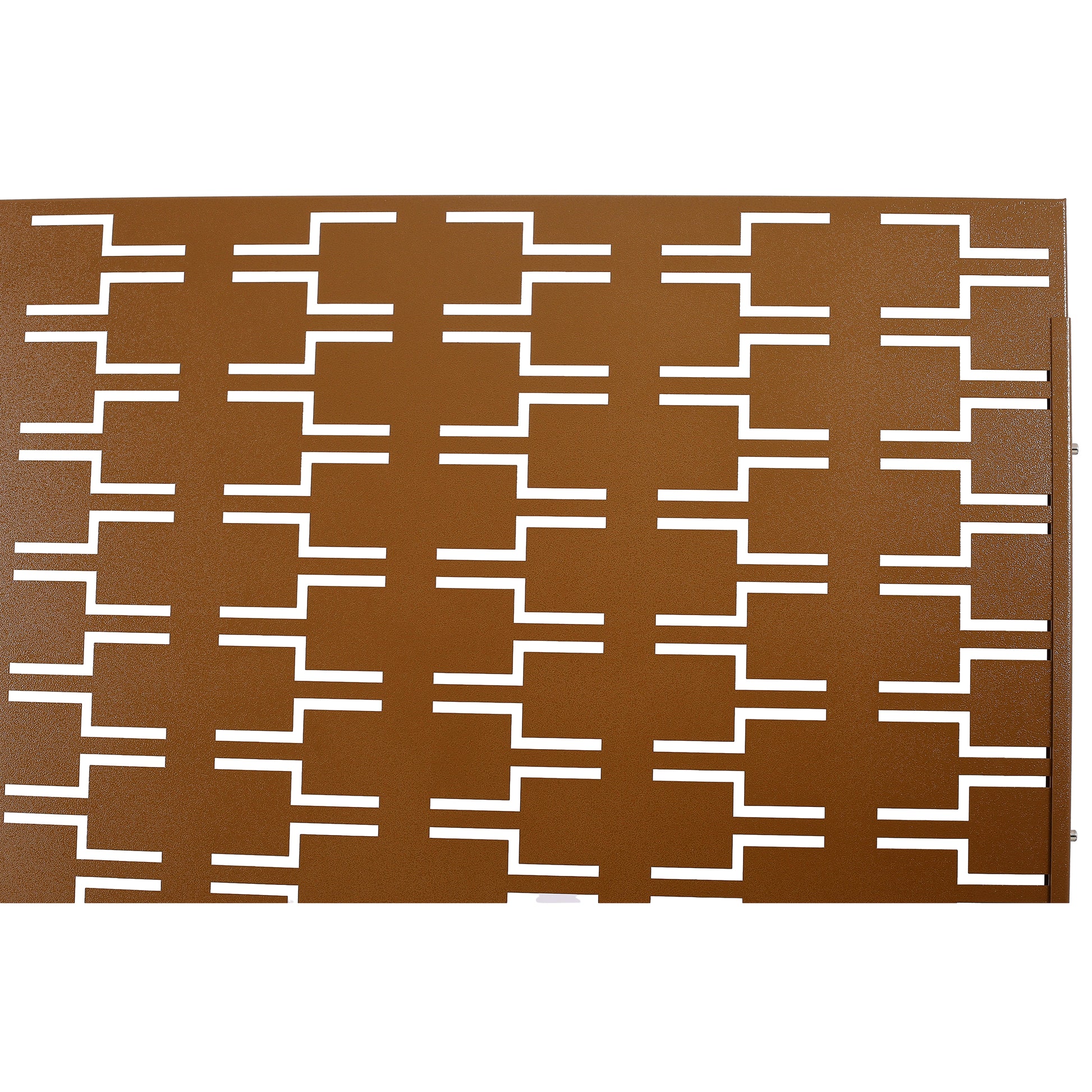 Brown metal garden screen with a geometric perforated pattern for privacy