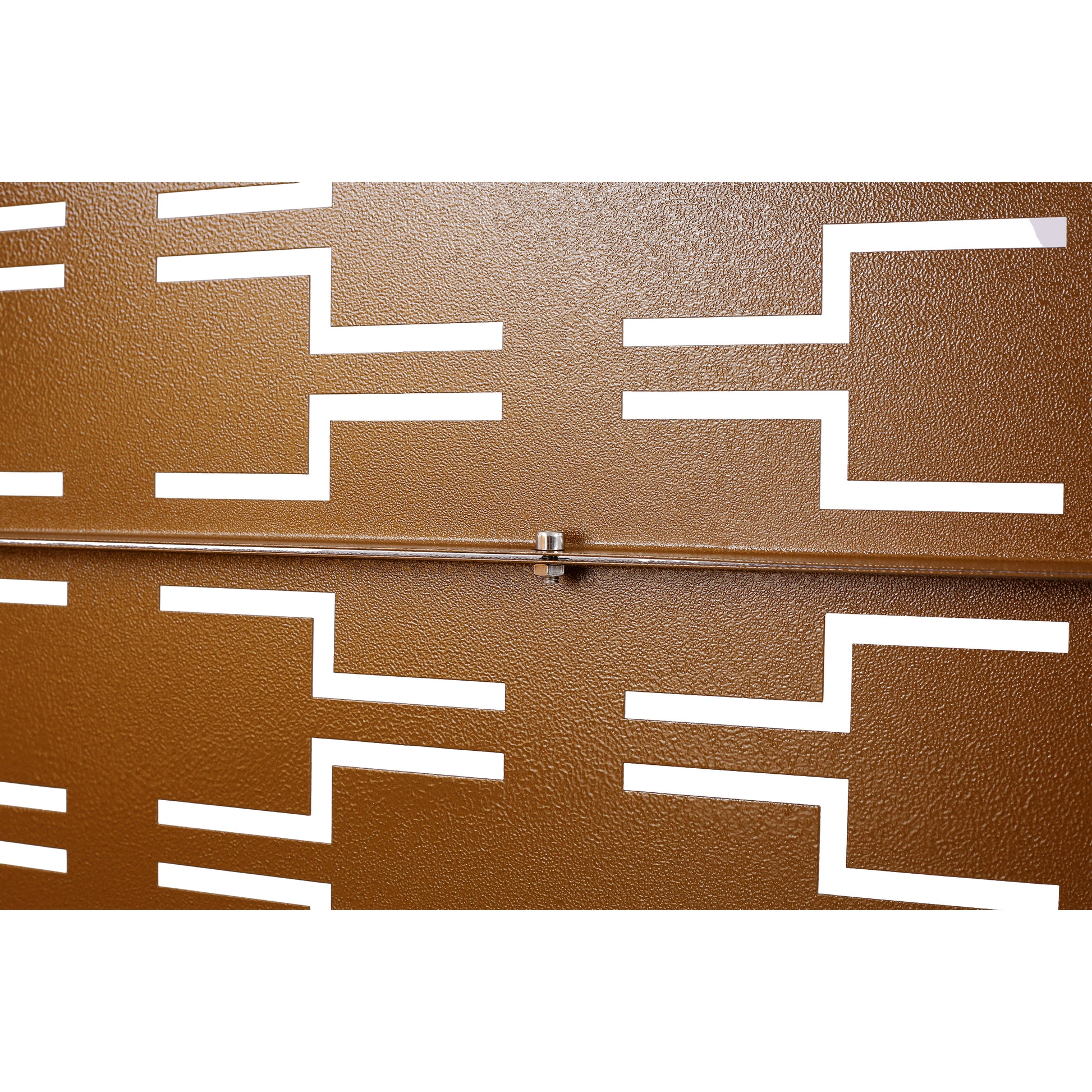 Textured bronze metal panel with geometric cutouts for ventilation