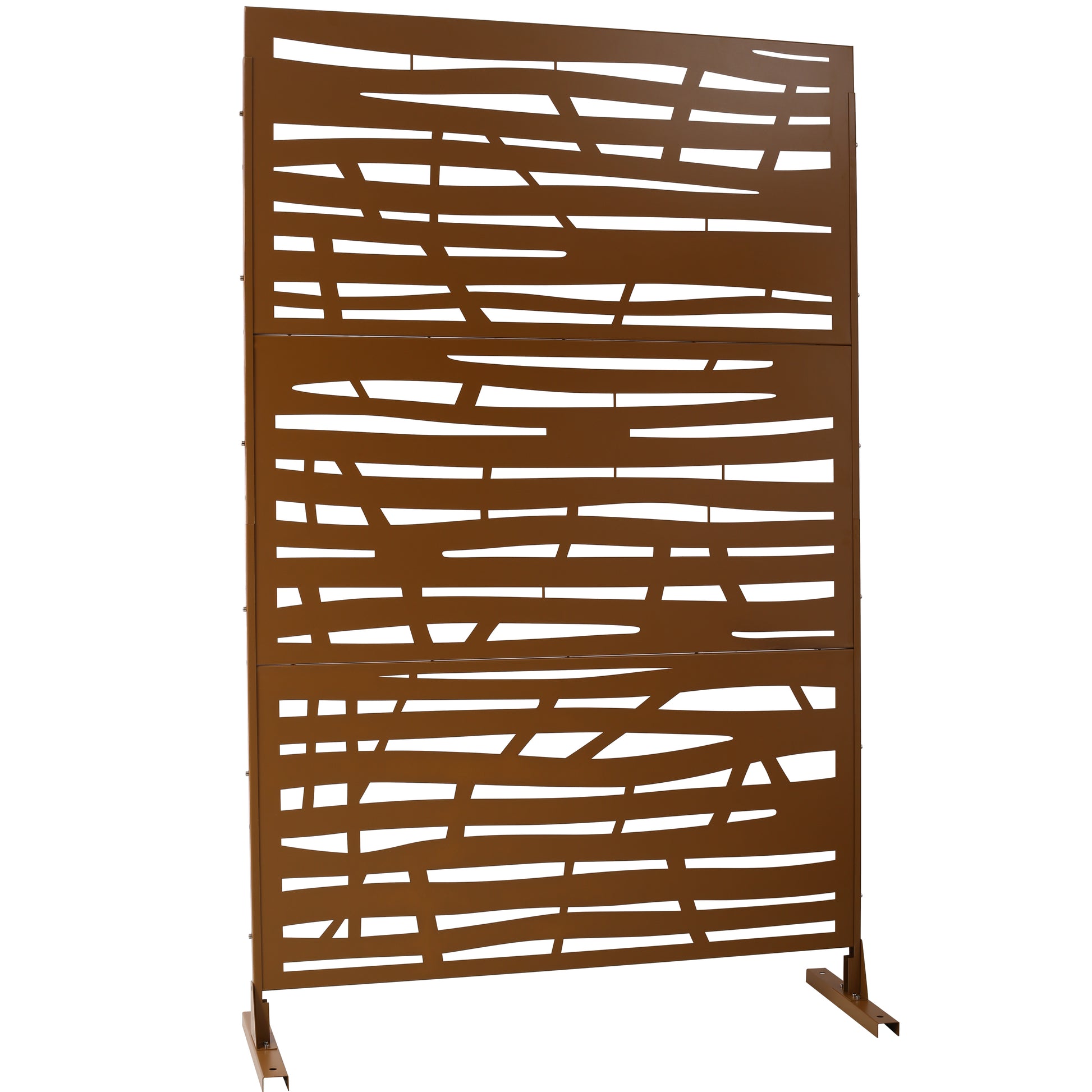 Rusty metal outdoor privacy screen with abstract cutout design