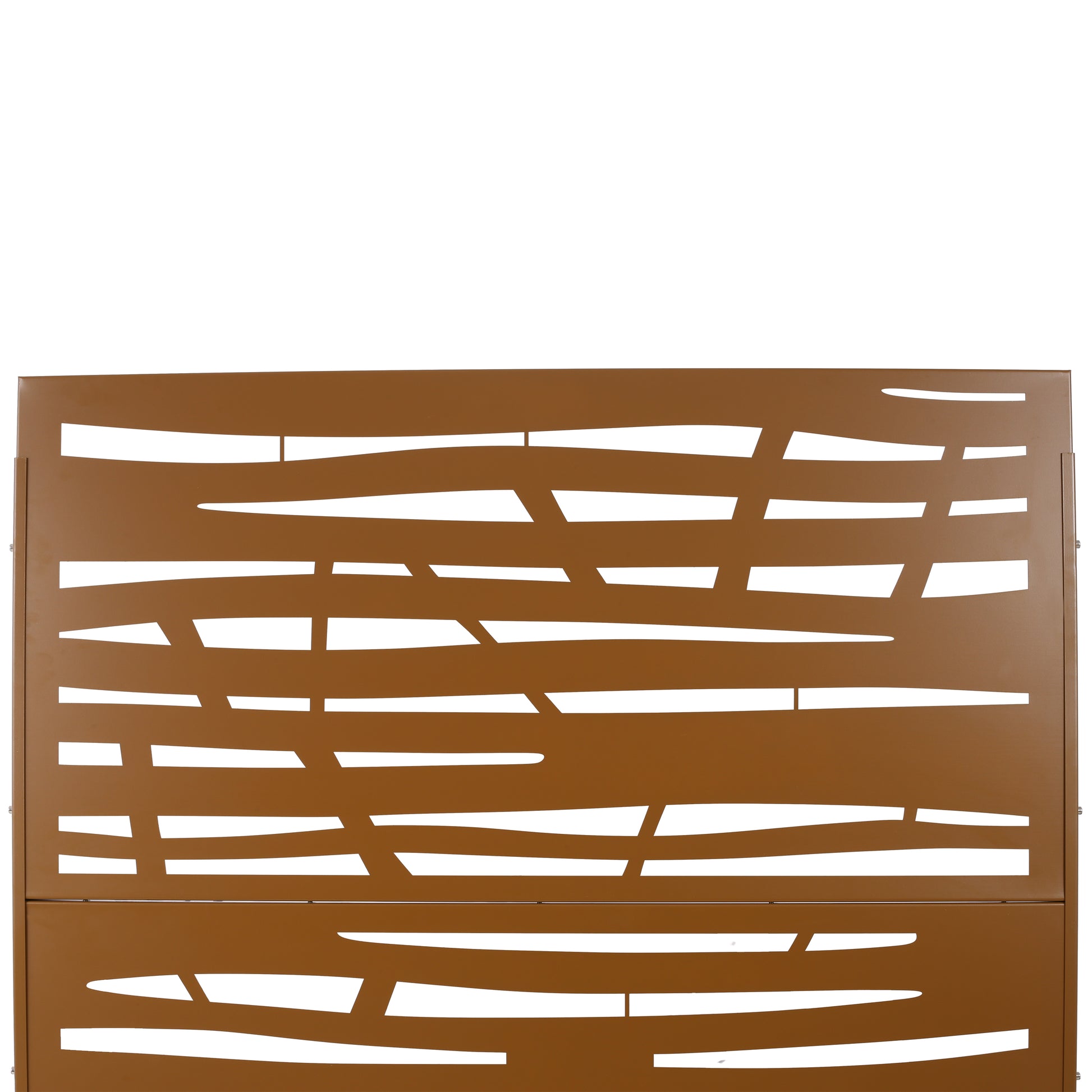 Brown metal privacy screen with abstract cutout design for patios