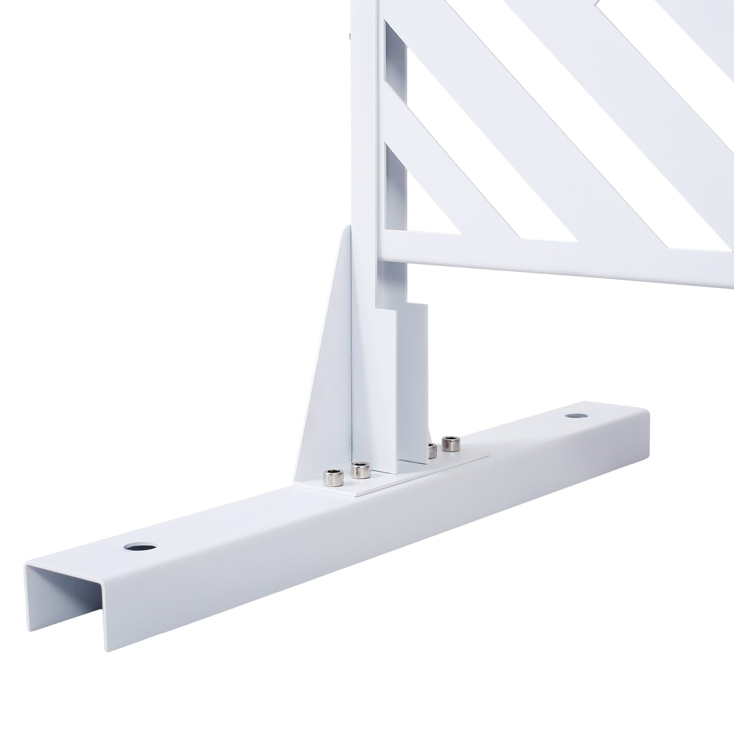 White metal fence panel base with diagonal slats and securing bolts
