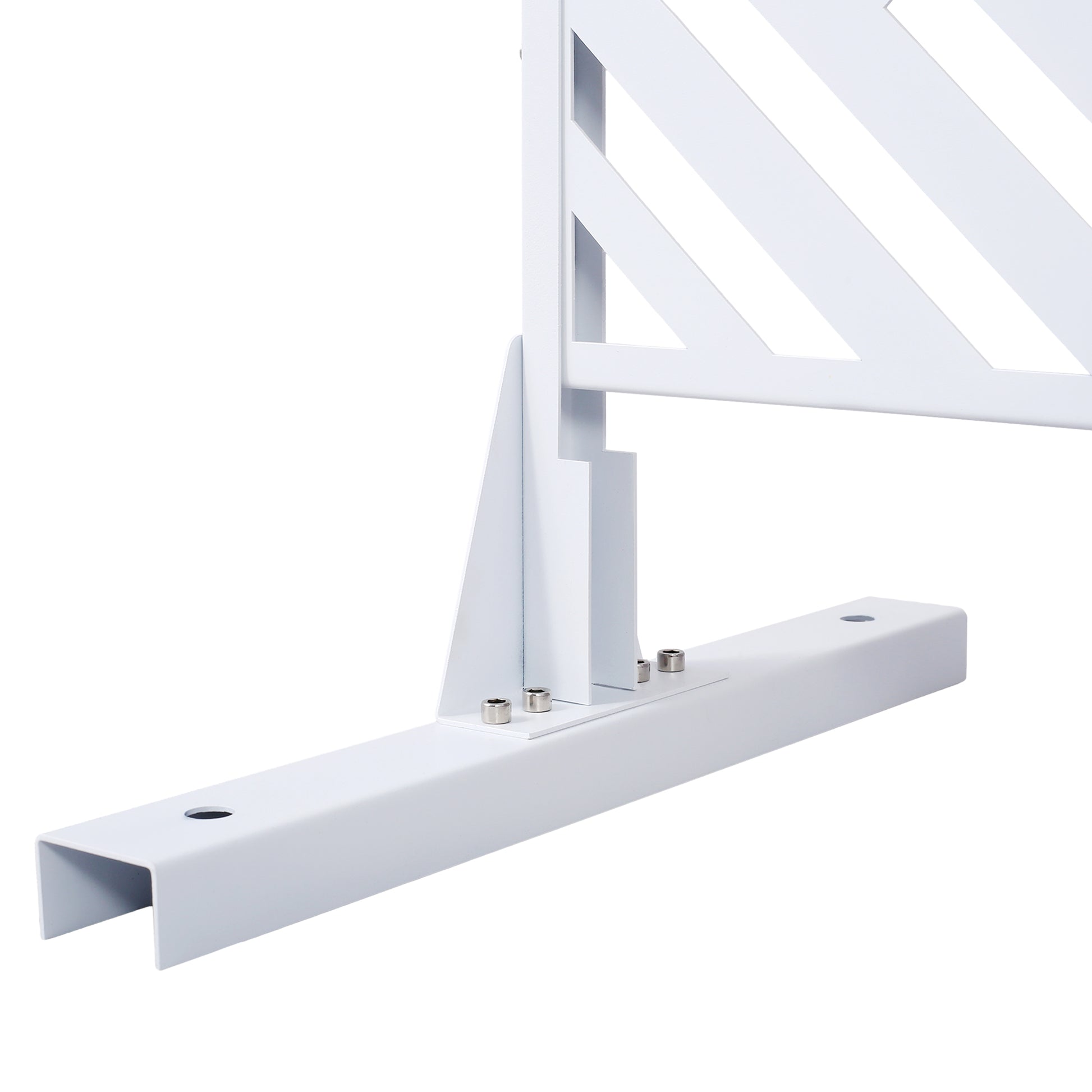 White metal fence panel base with diagonal slats and securing bolts