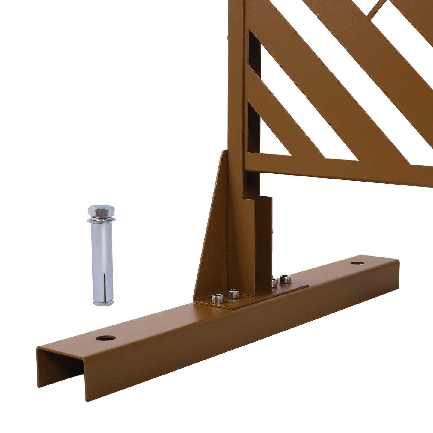Brown metal fence panel bracket with anchor bolt for outdoor installation