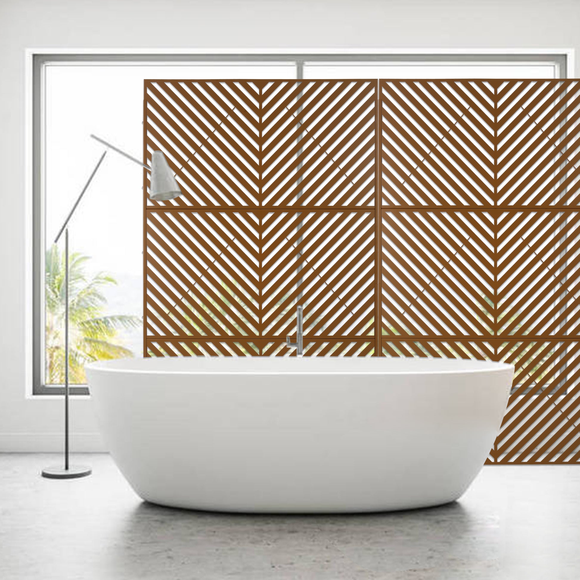 Geometric brown wood panel room divider with diagonal patterns