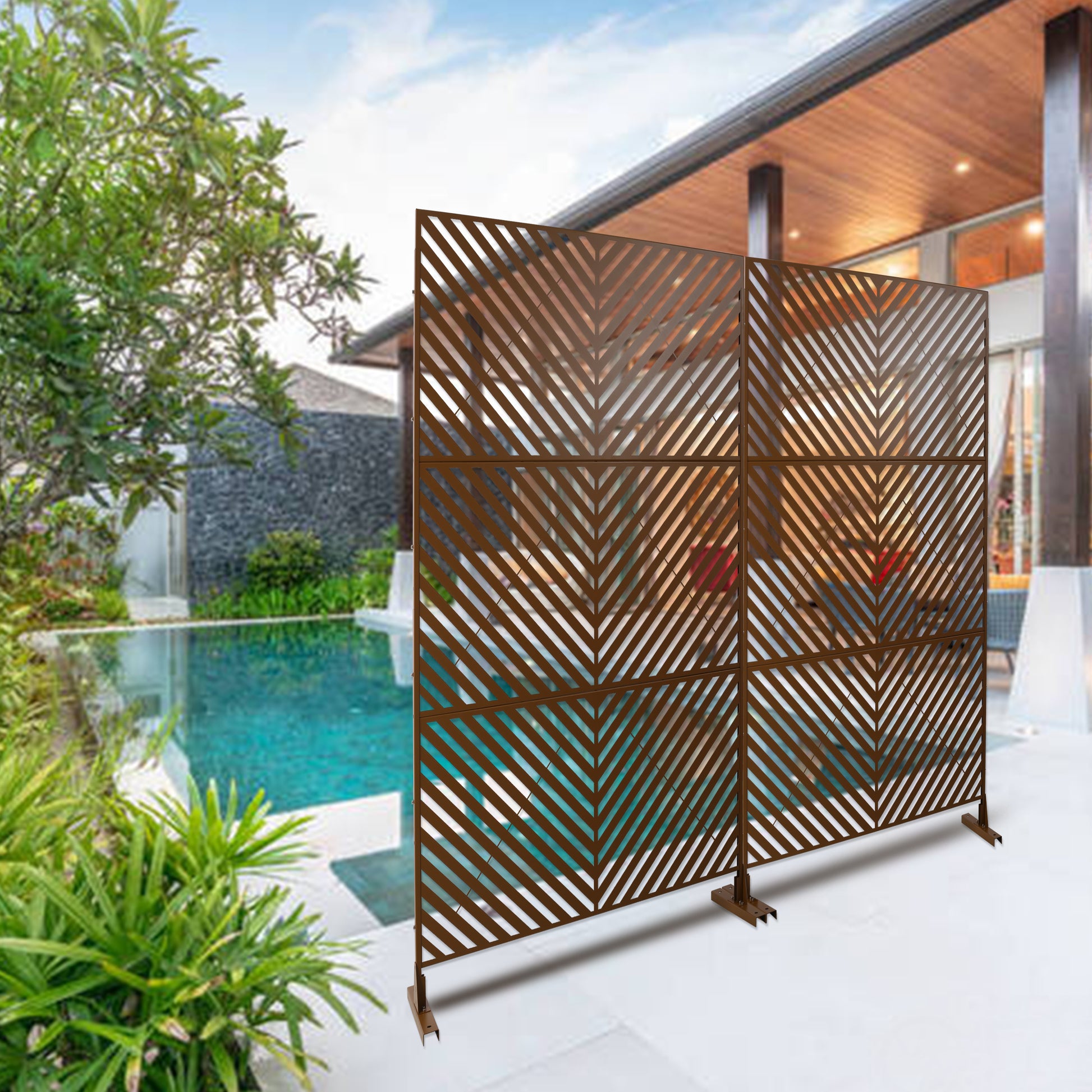 Modern metal garden privacy screen with chevron pattern in bronze ideal for outdoor patios