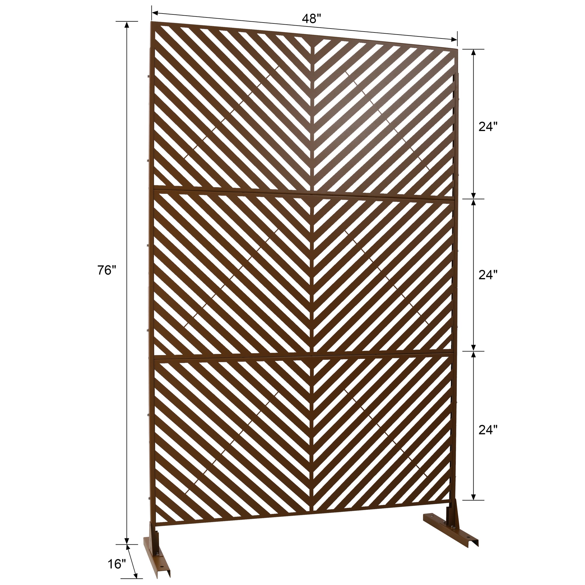 Brown metal outdoor privacy screen with chevron pattern and stand