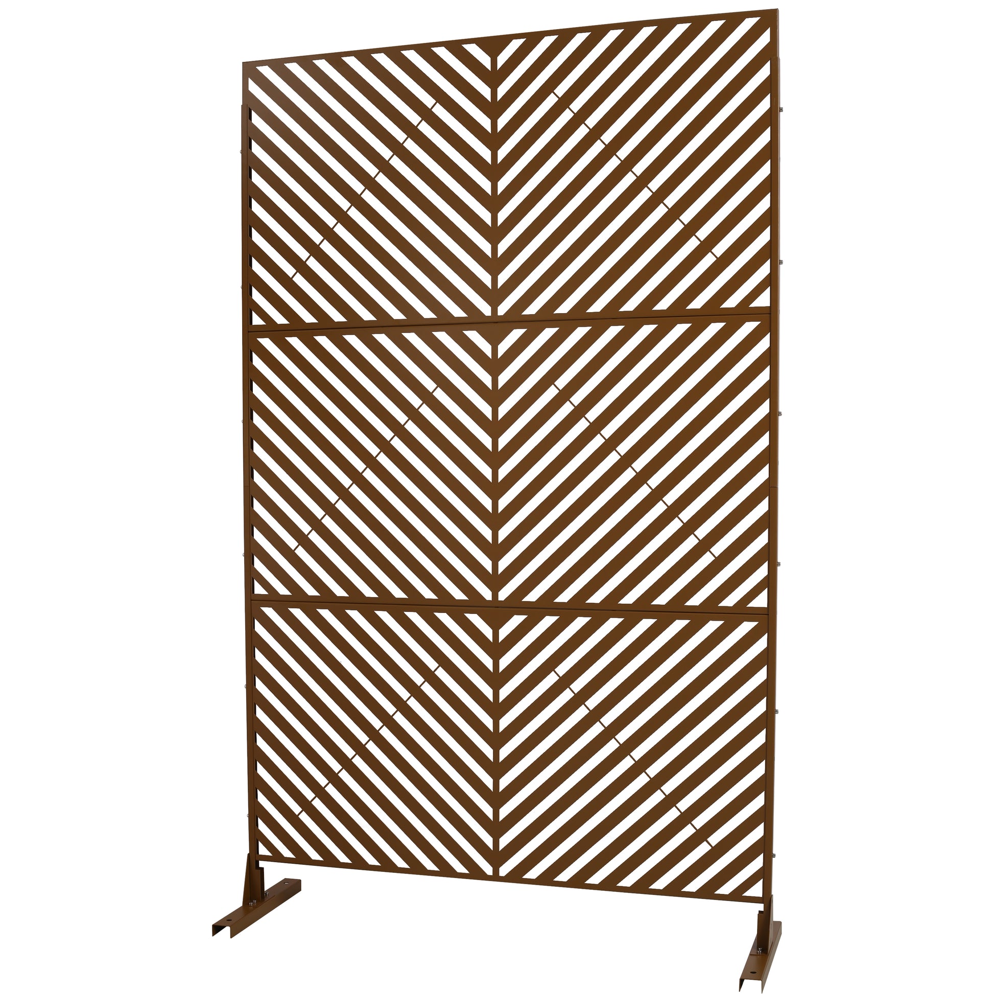 Tall brown metal privacy screen with chevron pattern for outdoor patios
