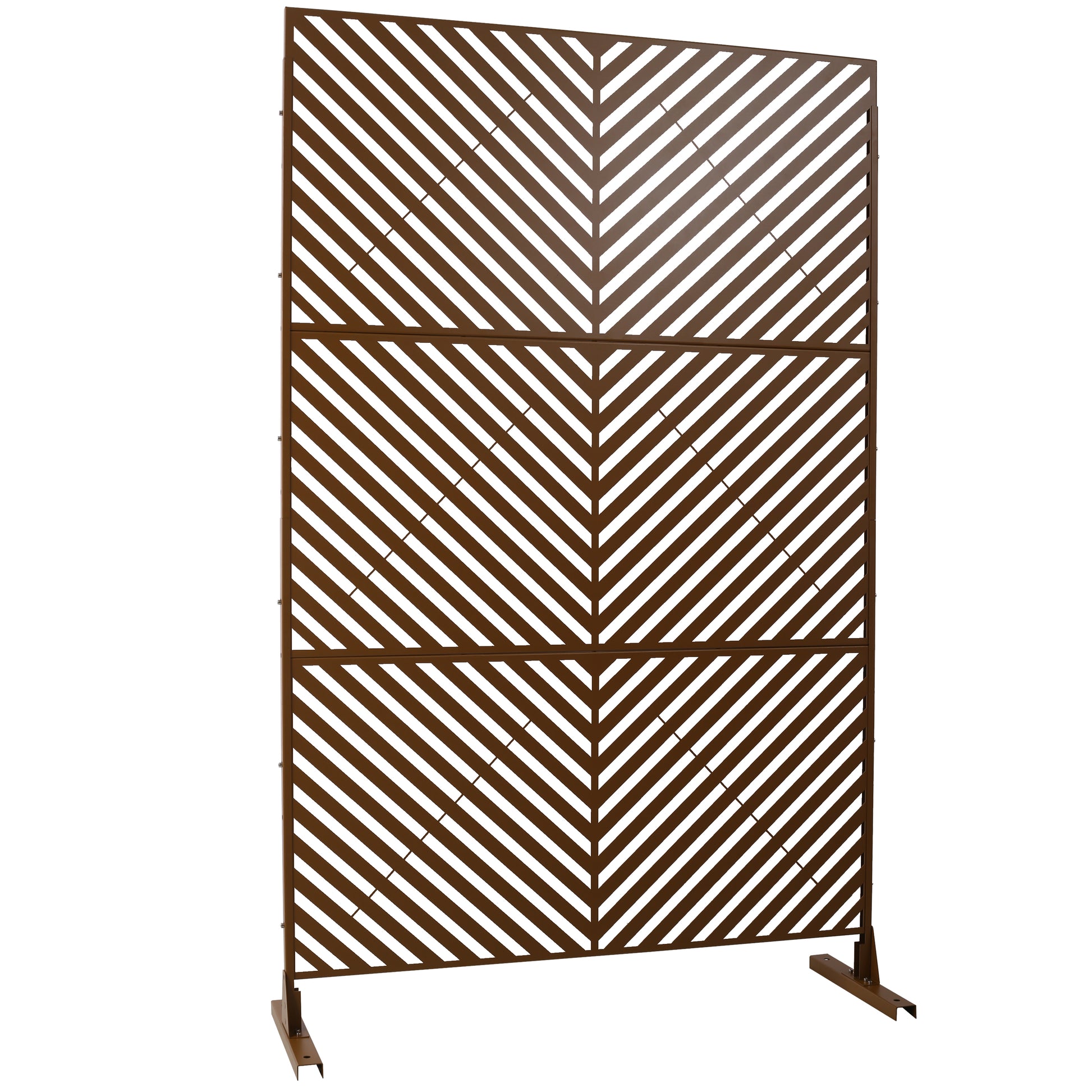 Brown metal outdoor privacy screen with diagonal slat pattern