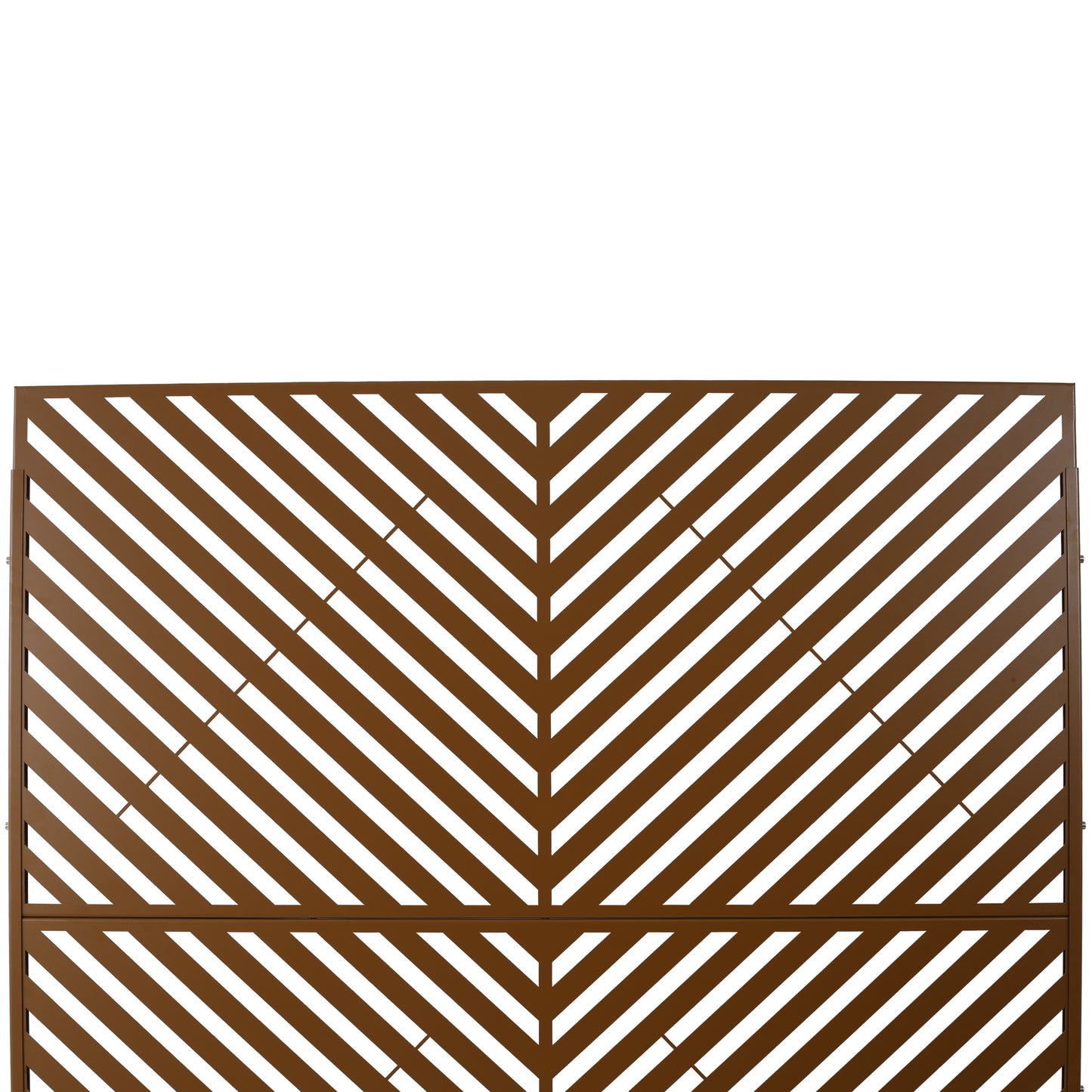 Brown metal garden screen with diagonal chevron pattern