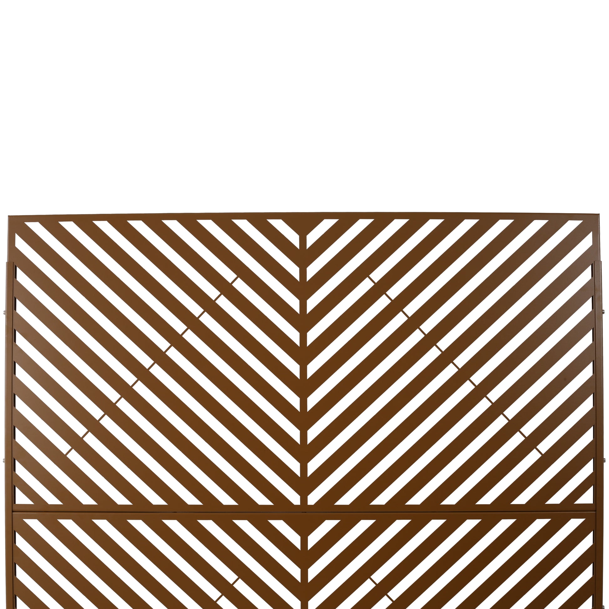 Brown metal garden screen with diagonal chevron pattern
