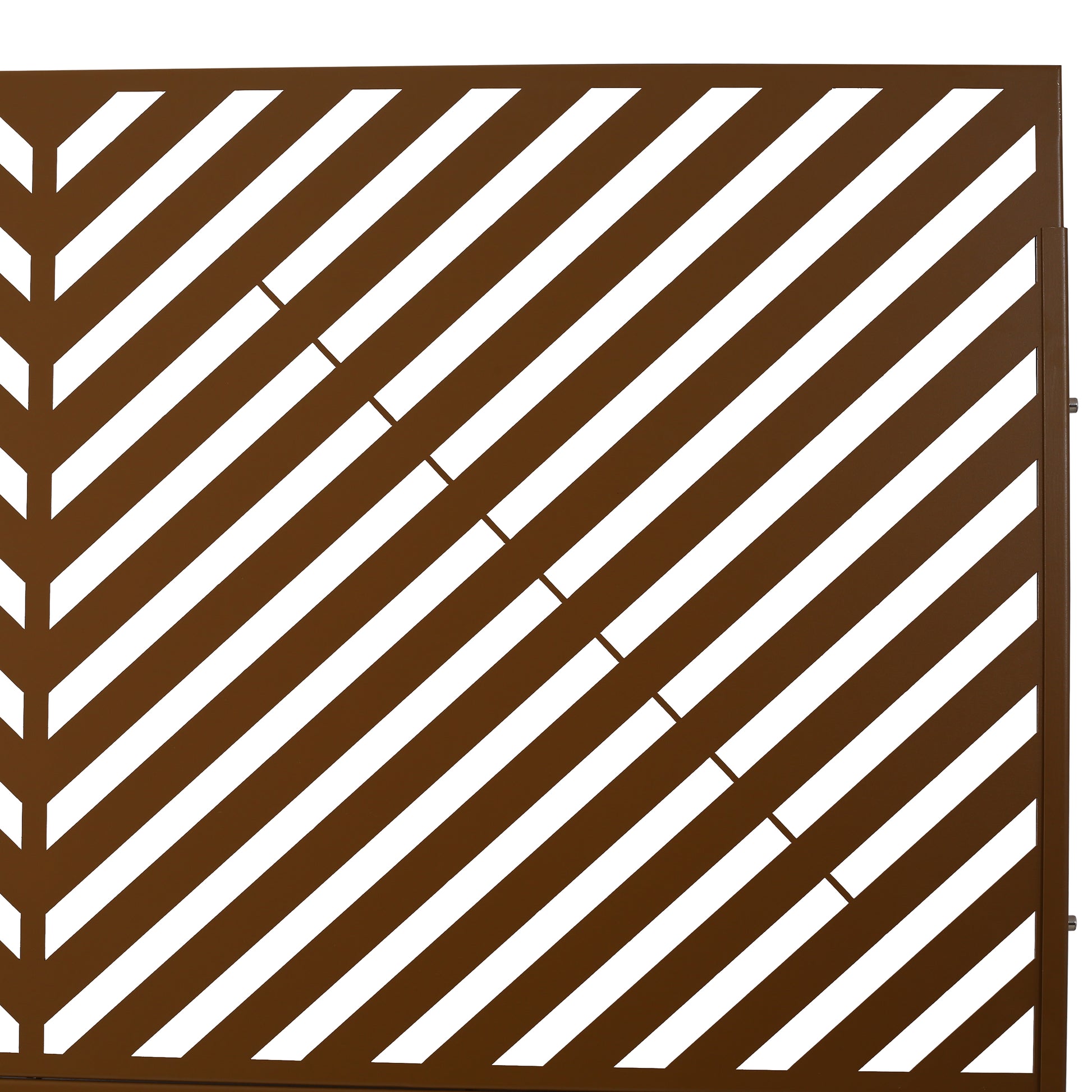 Modern brown metal garden gate with diagonal white stripes decorative lasercut panel