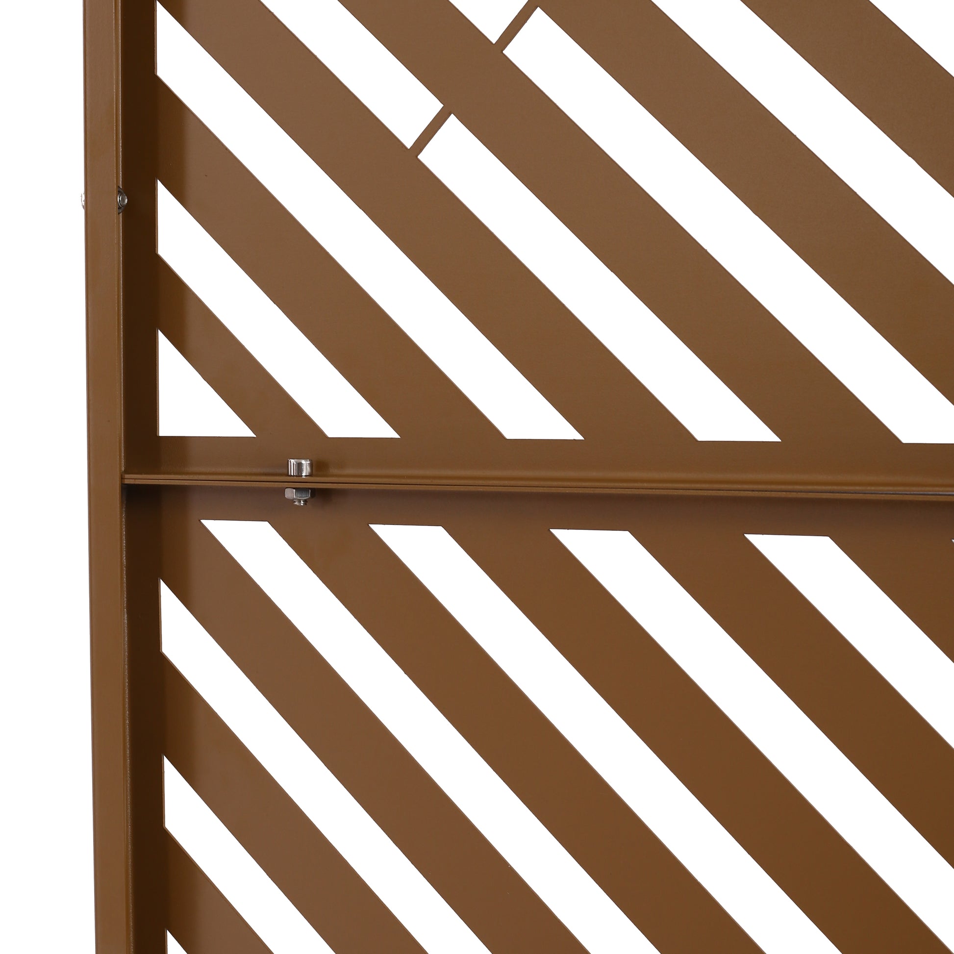 Brown metal privacy screen with diagonal slats for outdoor patios