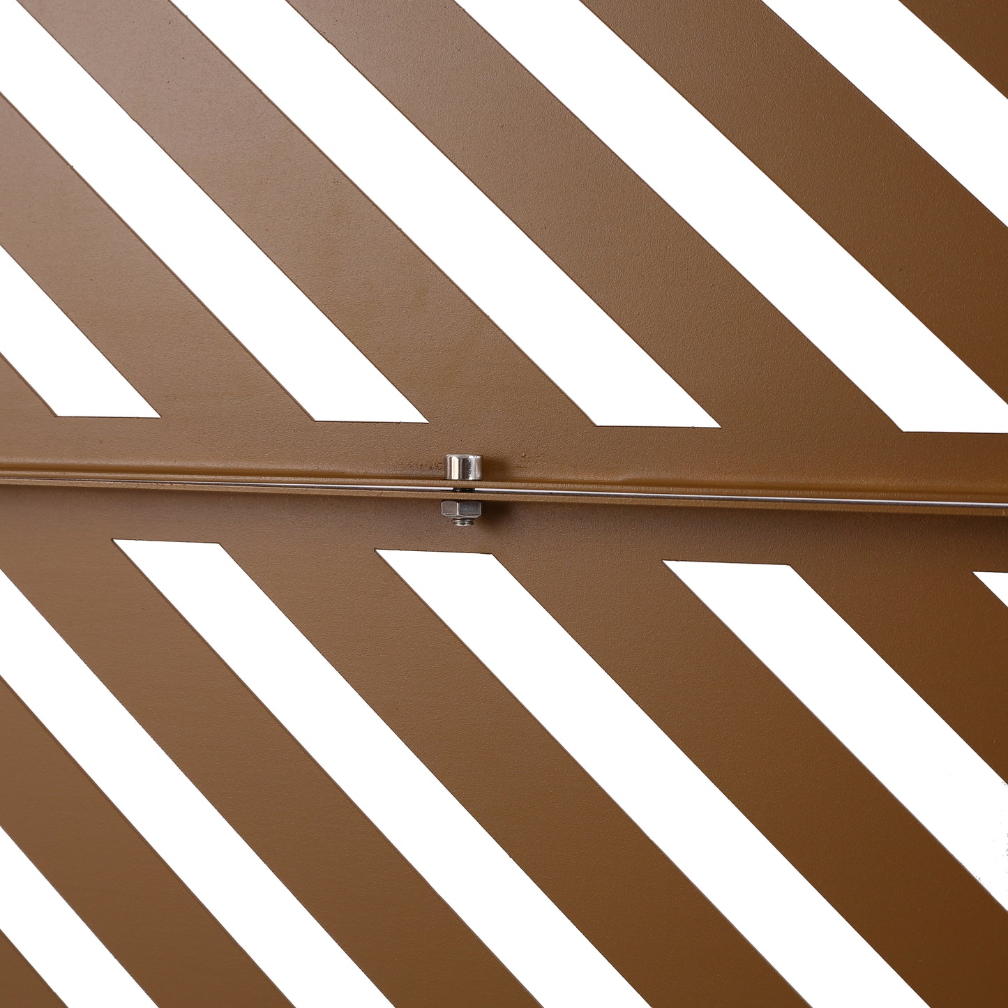 Closeup of a brown metal panel with diagonal white stripes ideal for modern fencing