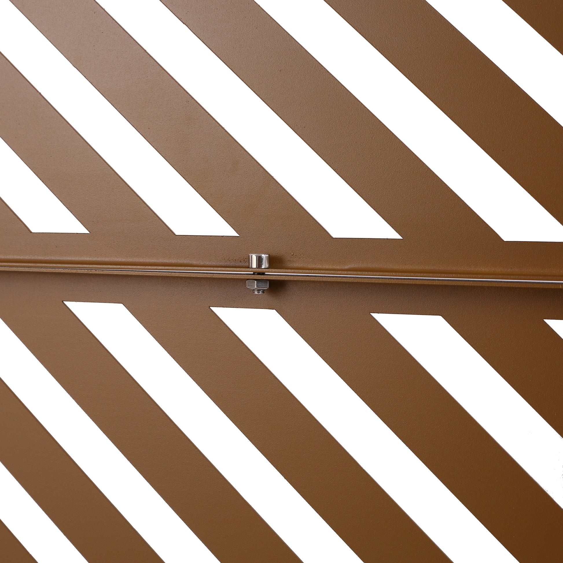 Closeup of a brown metal panel with diagonal white stripes ideal for modern fencing