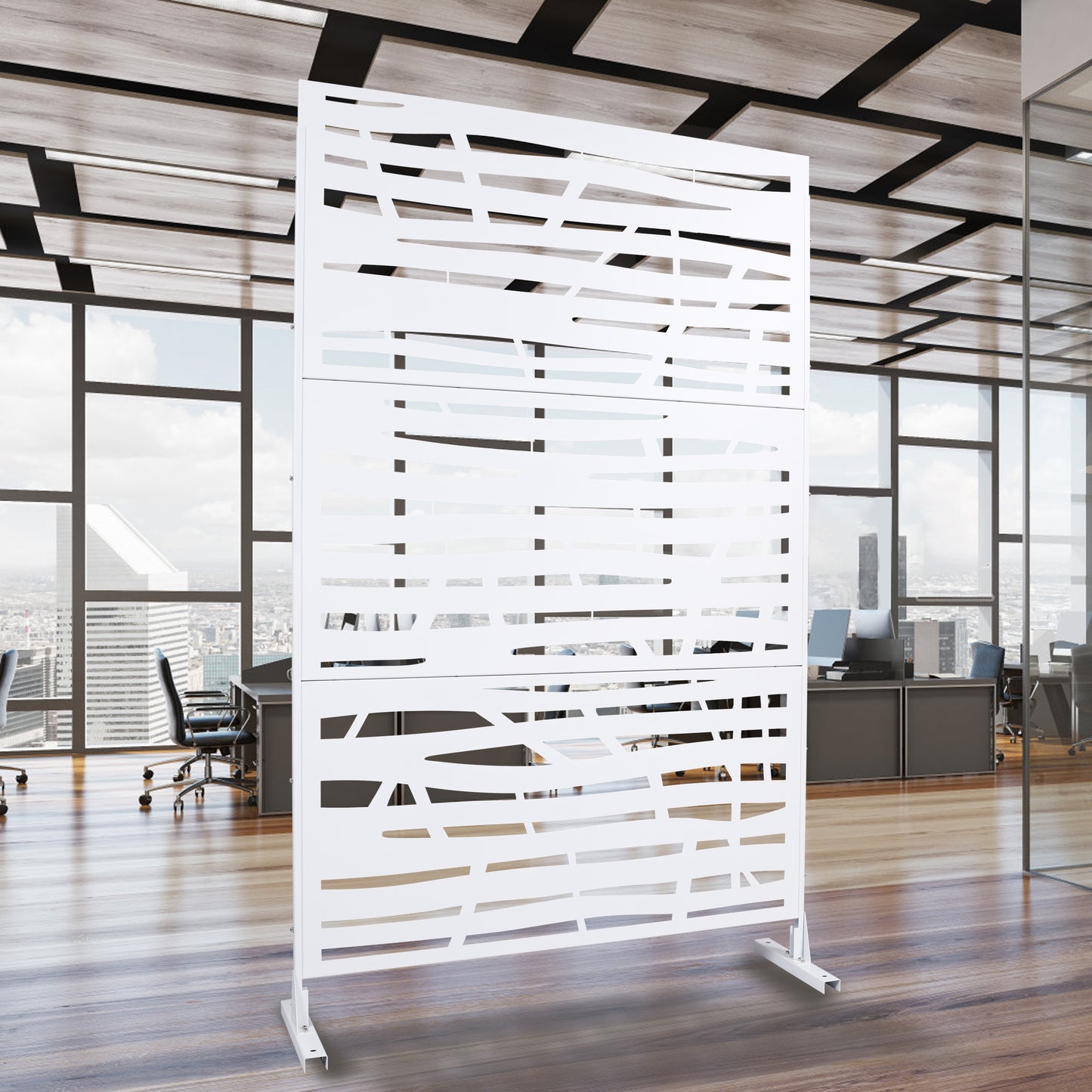 Modern white room divider screen with abstract cutout pattern for office decor