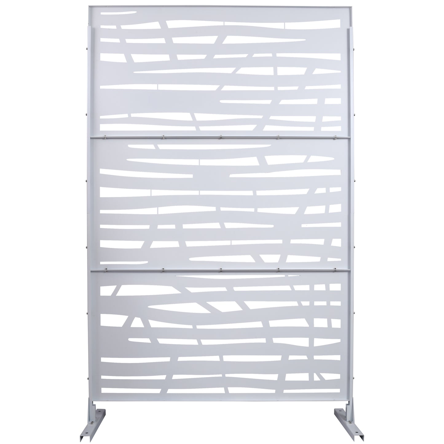 White metal privacy screen with abstract wavy cutout pattern modern outdoor decor