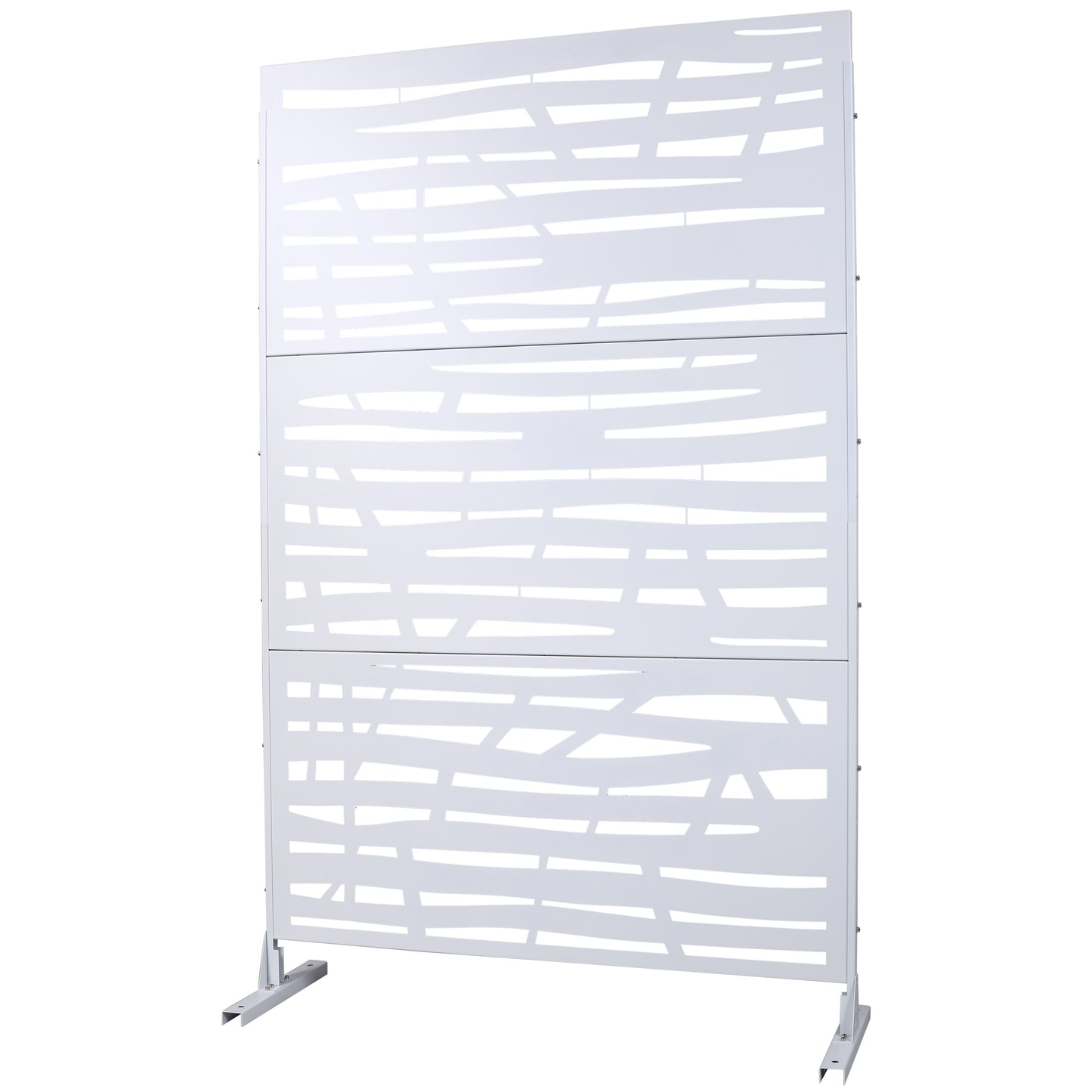White metal privacy screen with abstract horizontal cutouts