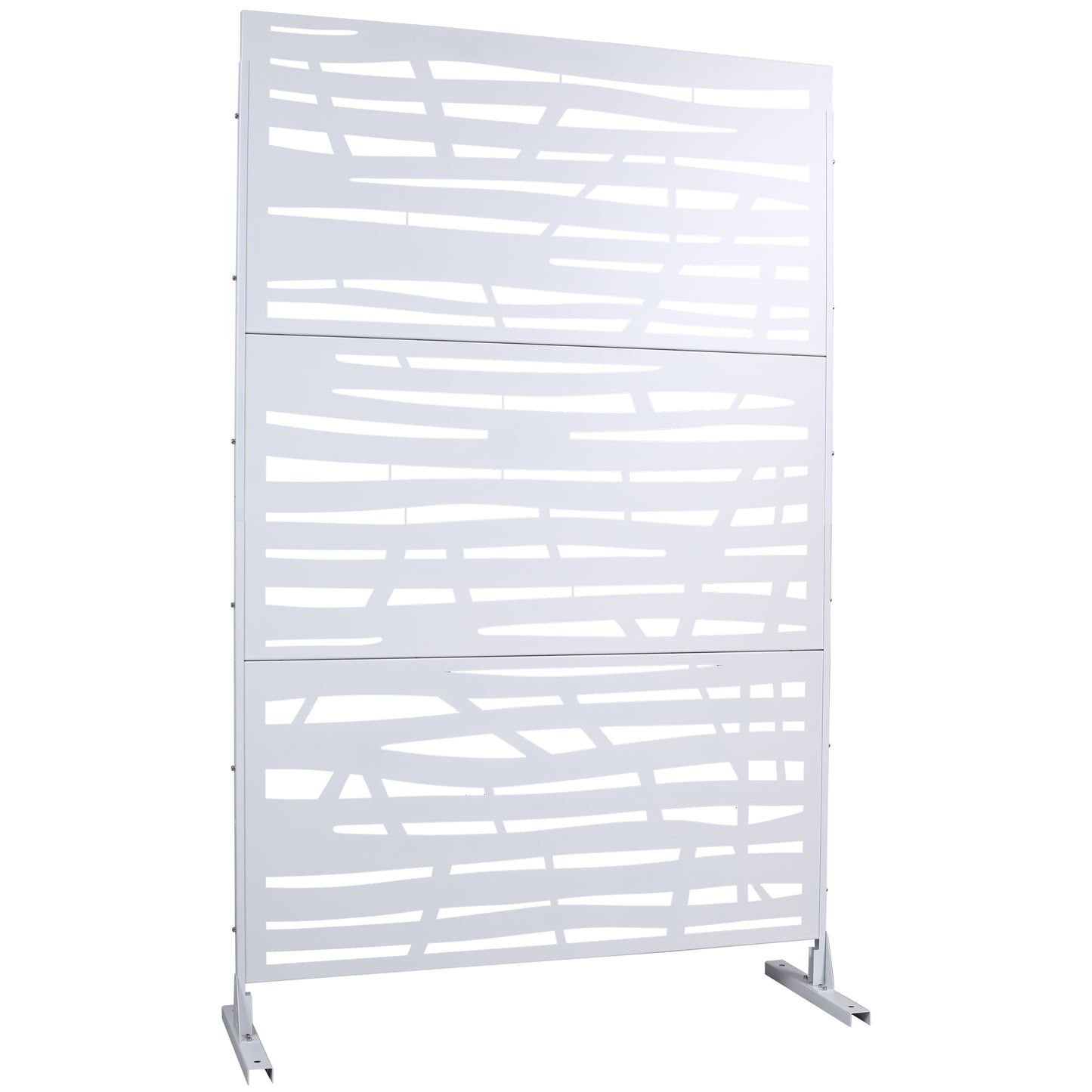 Modern white metal privacy screen with abstract horizontal cutouts for patio decor