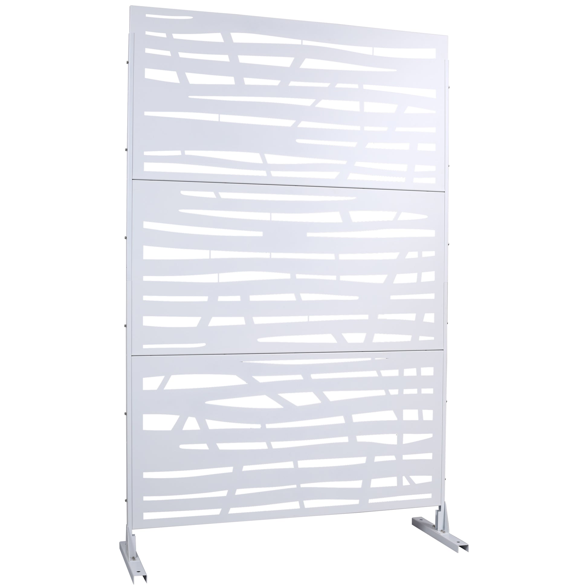 Modern white metal privacy screen with abstract horizontal cutouts for patio decor