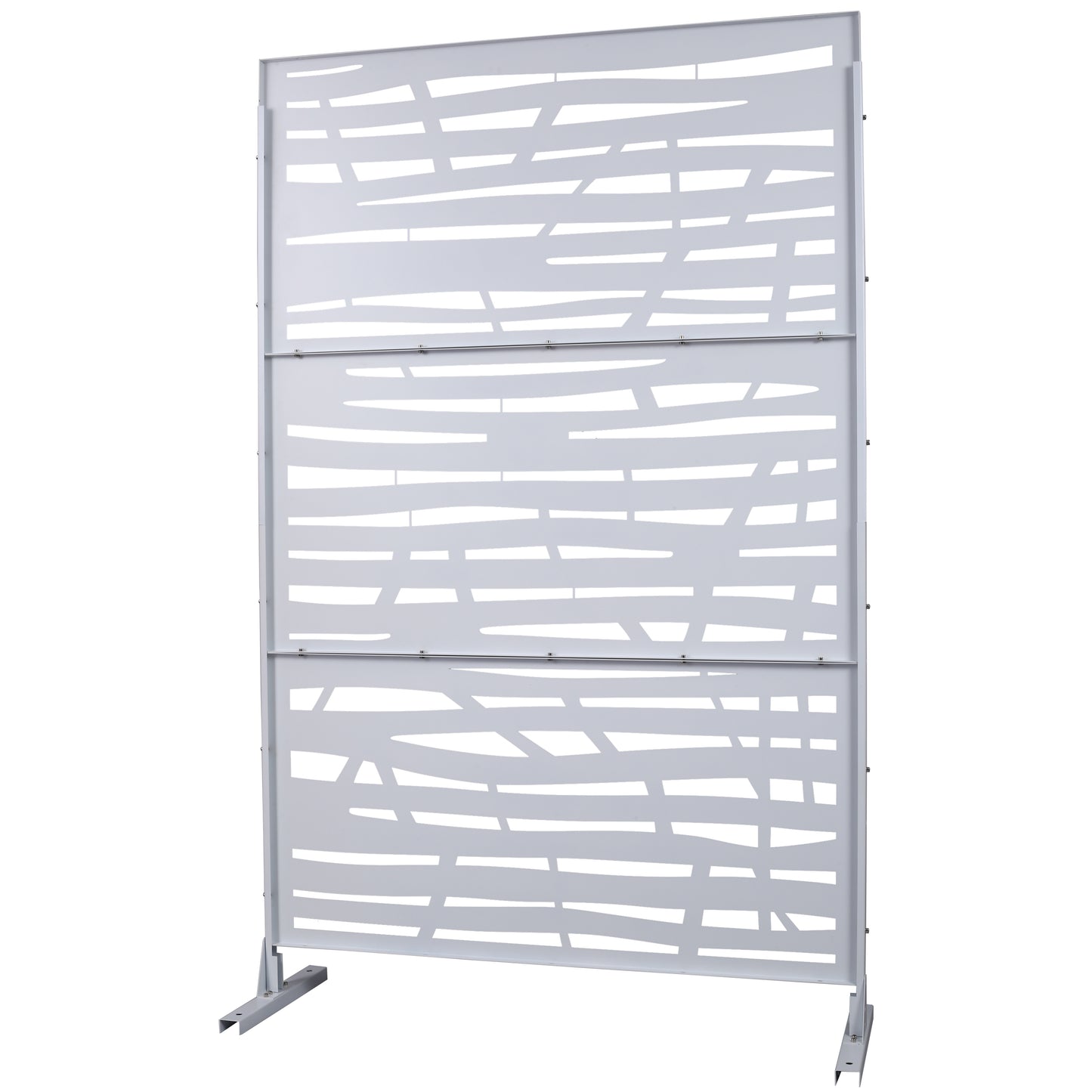 Modern white outdoor privacy screen with lasercut organic pattern and metal base