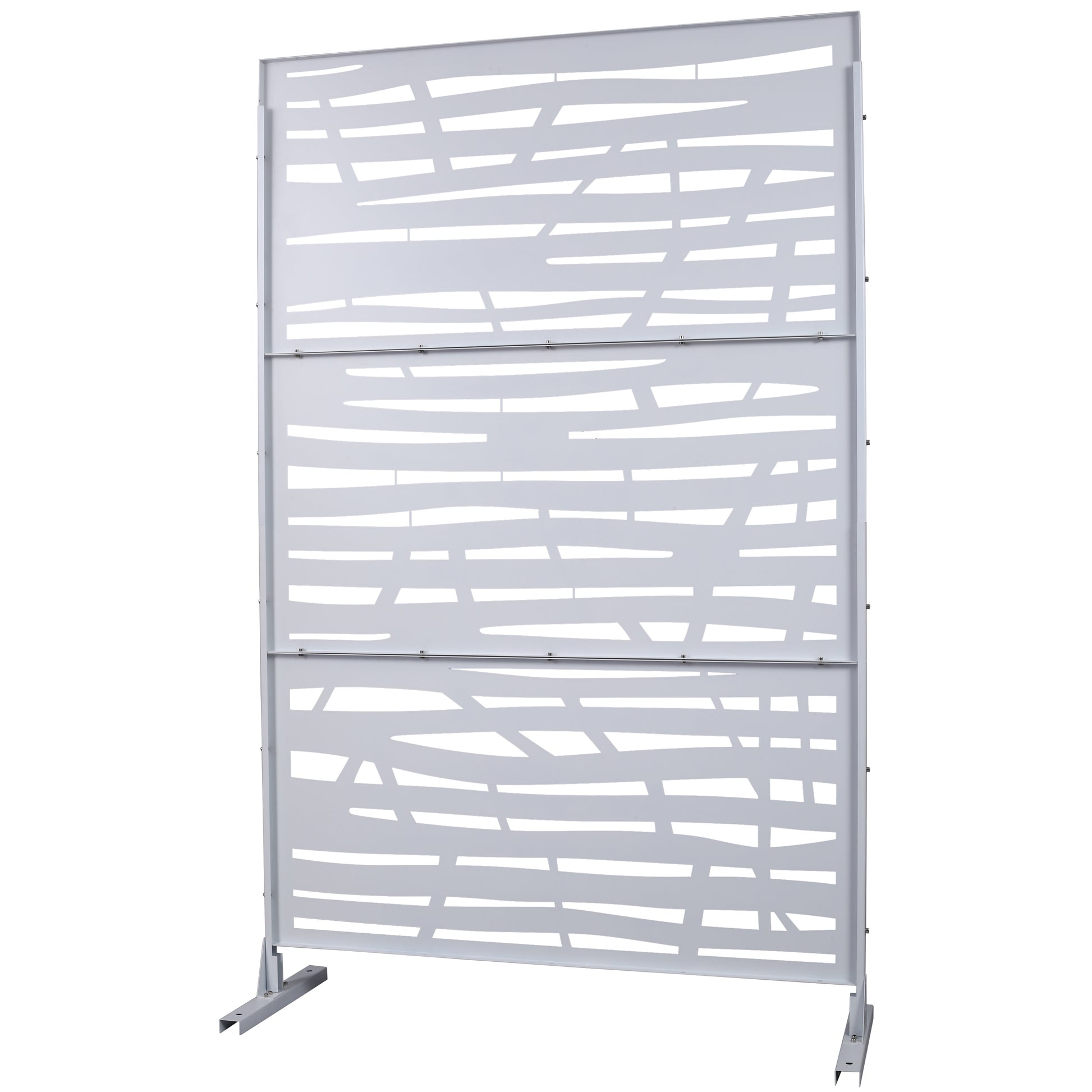 Modern white outdoor privacy screen with lasercut organic pattern and metal base