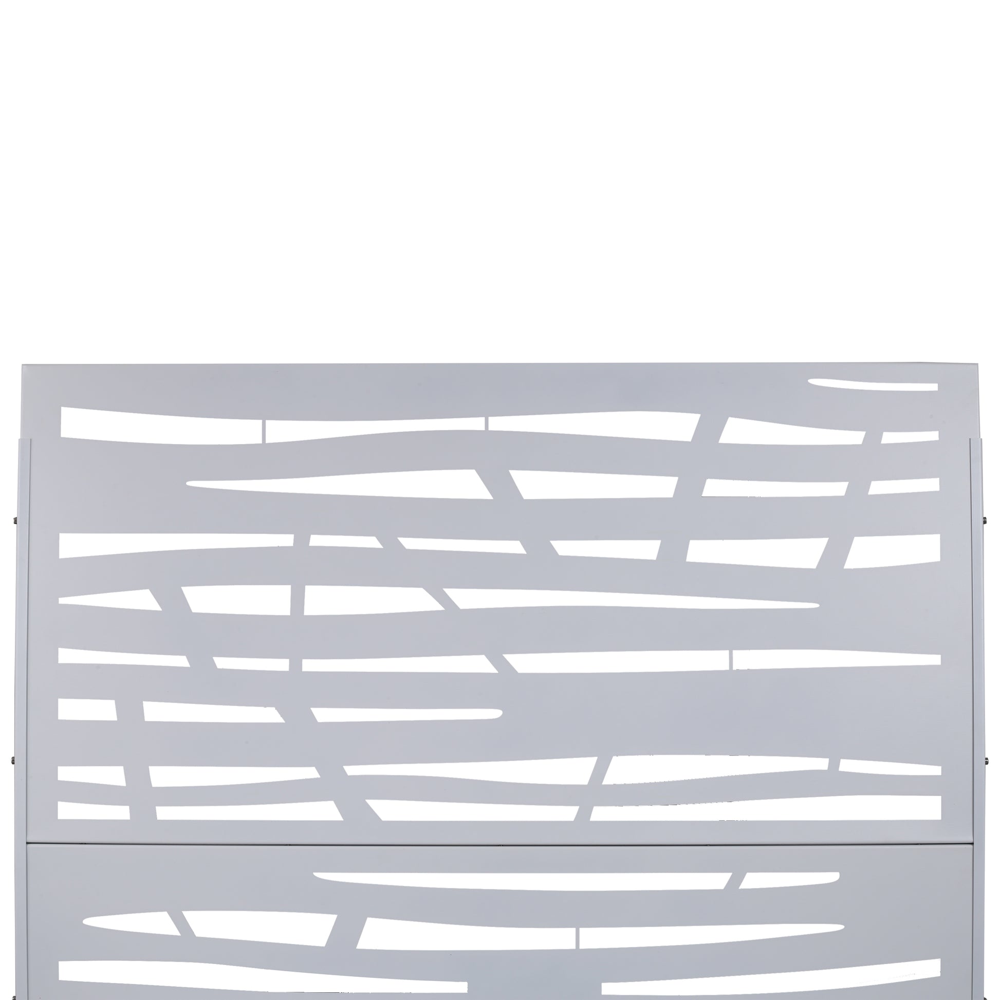Modern grey decorative metal panel with abstract cutouts for garden screening