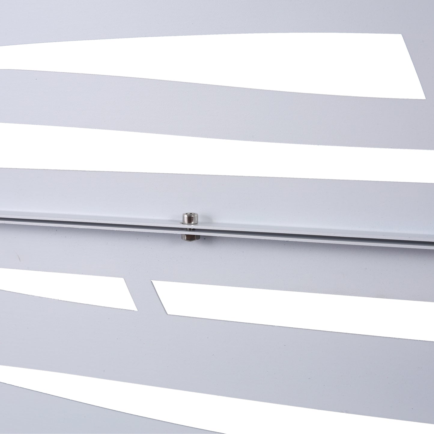 Modern white metal decorative panel with abstract cutouts and a visible screw