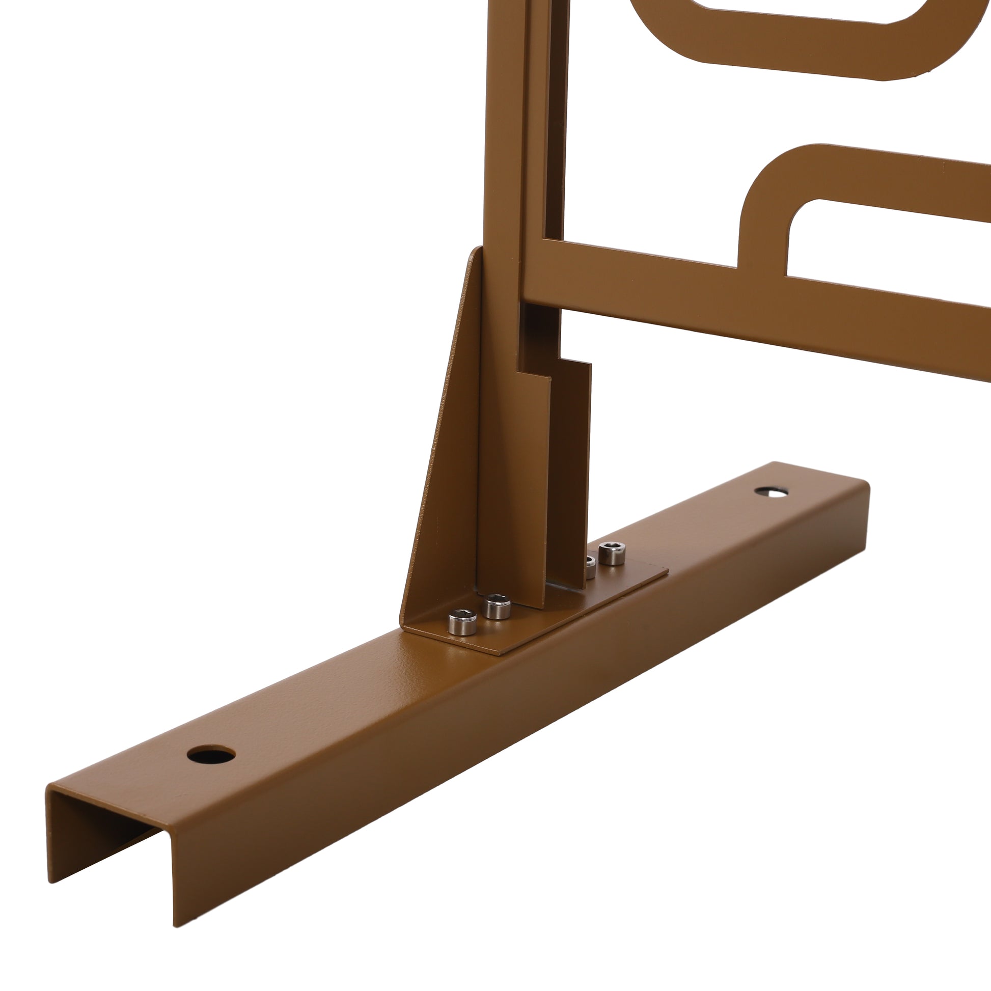 Bronze metal fence post base with predrilled holes and securing bolts