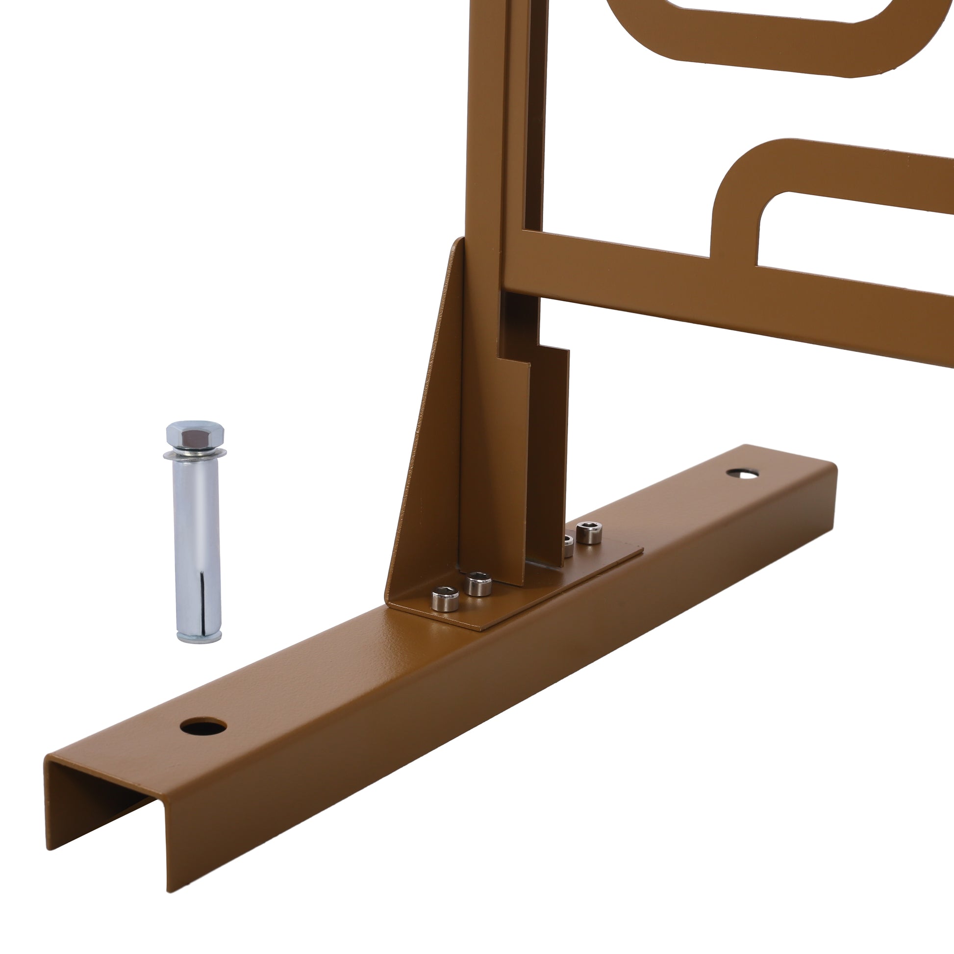 Bronze metal fence post base with anchor bolt and hardware for secure installation
