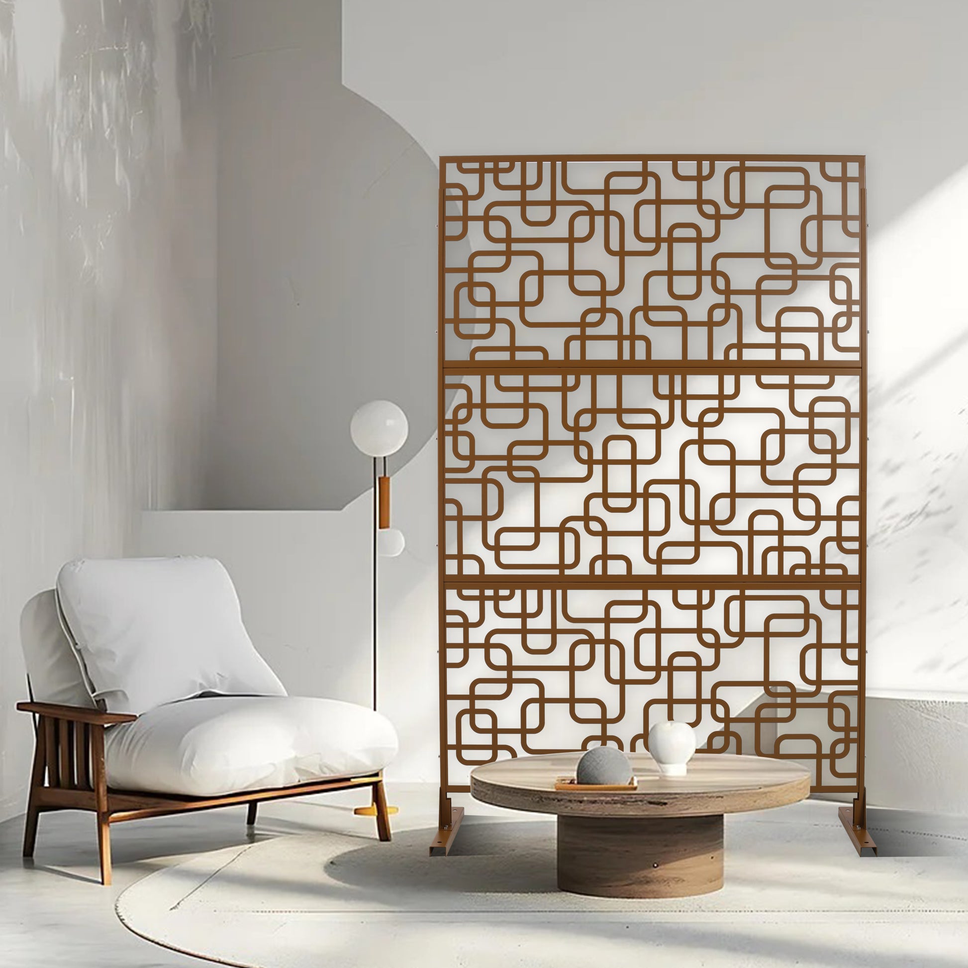 Brown geometric room divider with intricate modern pattern  high
