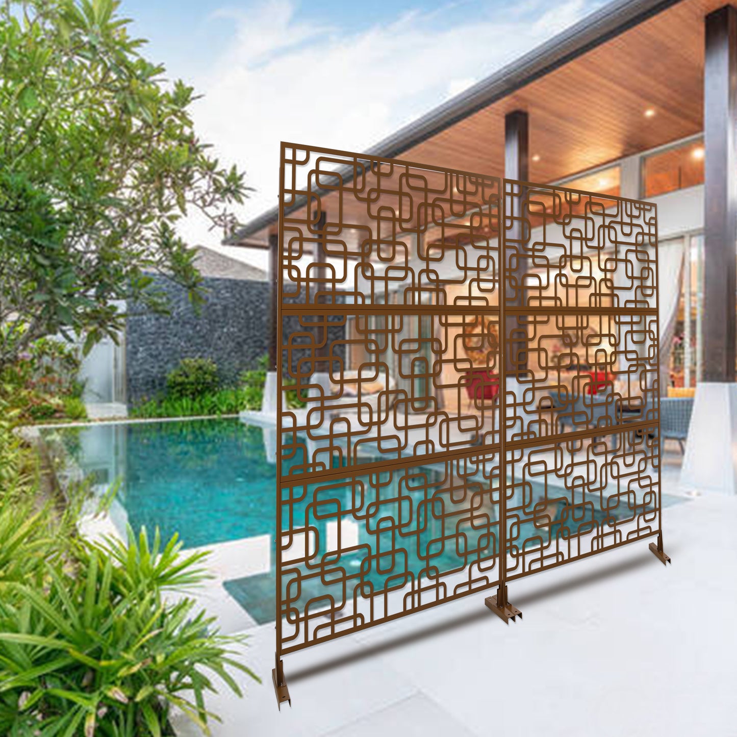 Decorative metal screen panel with a geometric interlocking design bronze finish for outdoor privacy