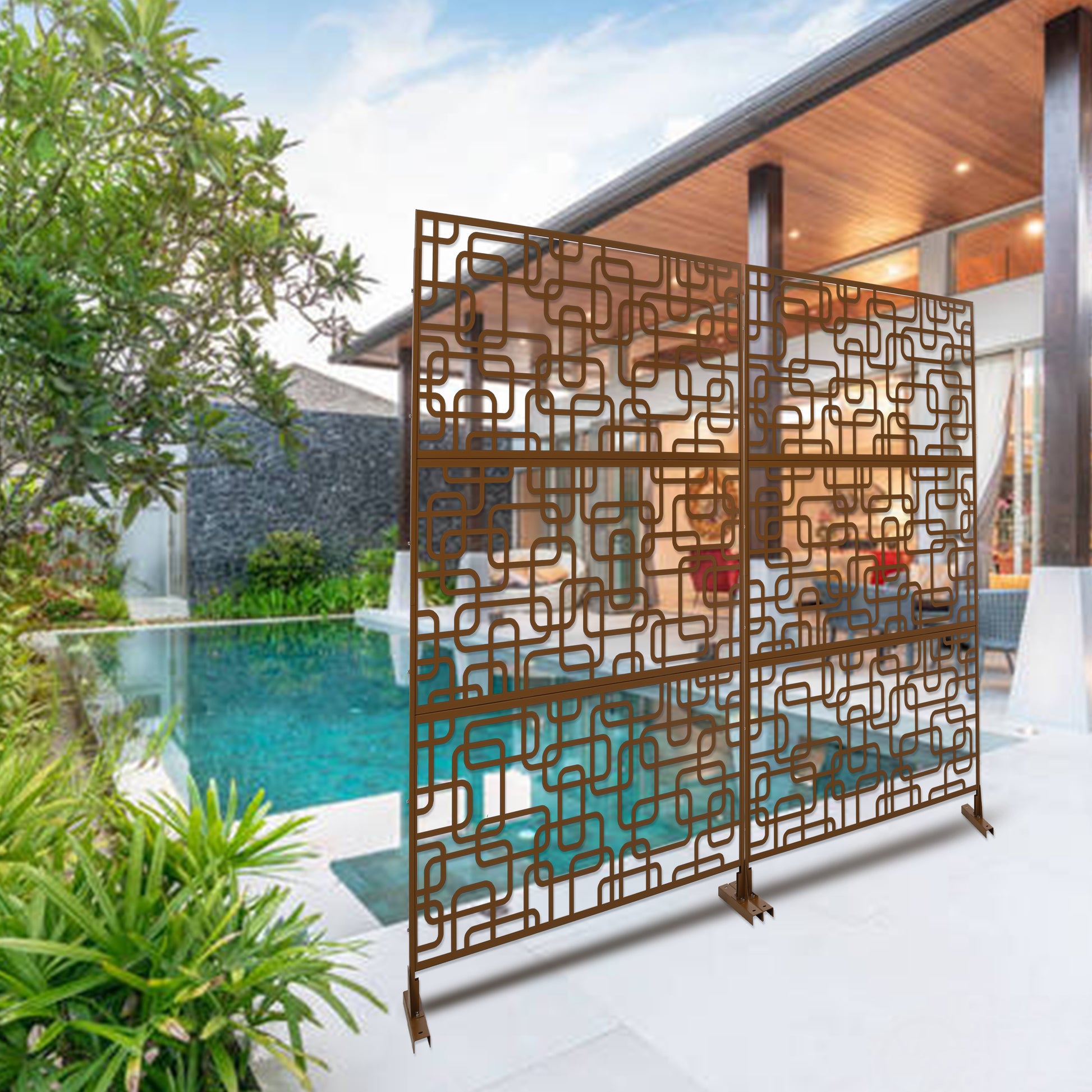 Decorative metal screen panel with a geometric interlocking design bronze finish for outdoor privacy