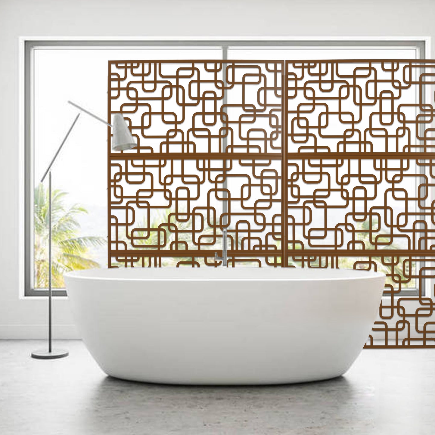 Brown geometric room divider screen with curved lines perfect for modern bathrooms