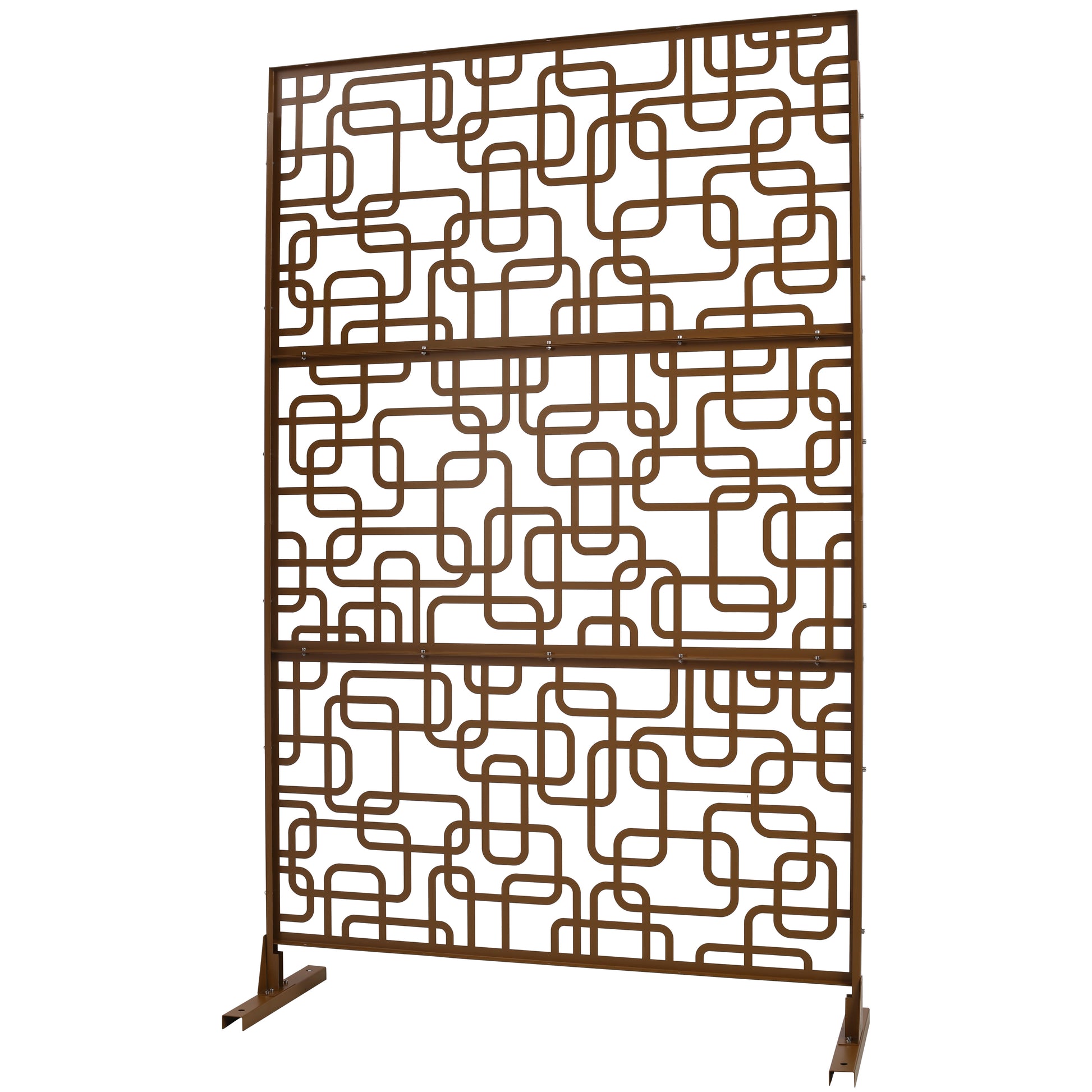Bronze metal room divider with abstract interlocking rounded square pattern  chars