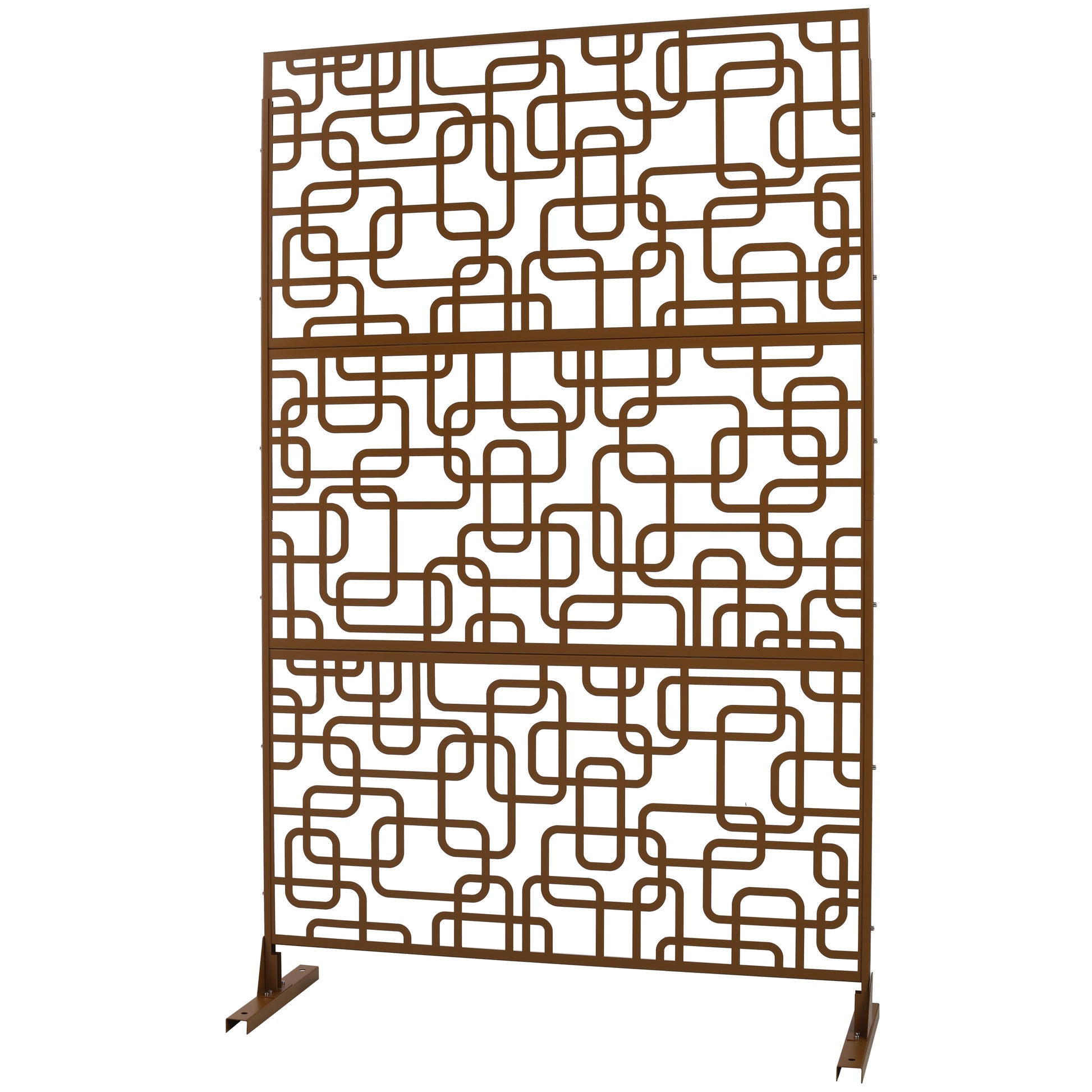 Bronze metal room divider with abstract geometric pattern and base stands