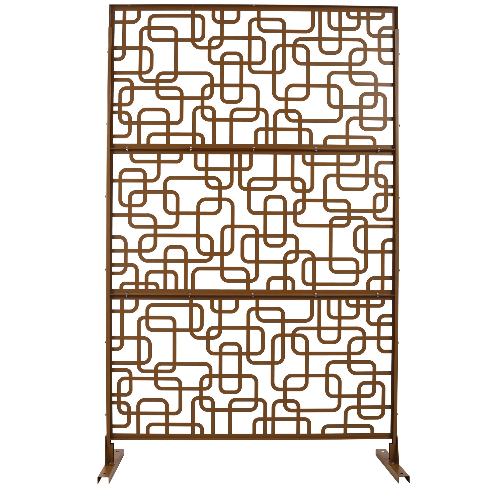 Bronze metal room divider screen with rounded square geometric pattern ideal for outdoor spaces