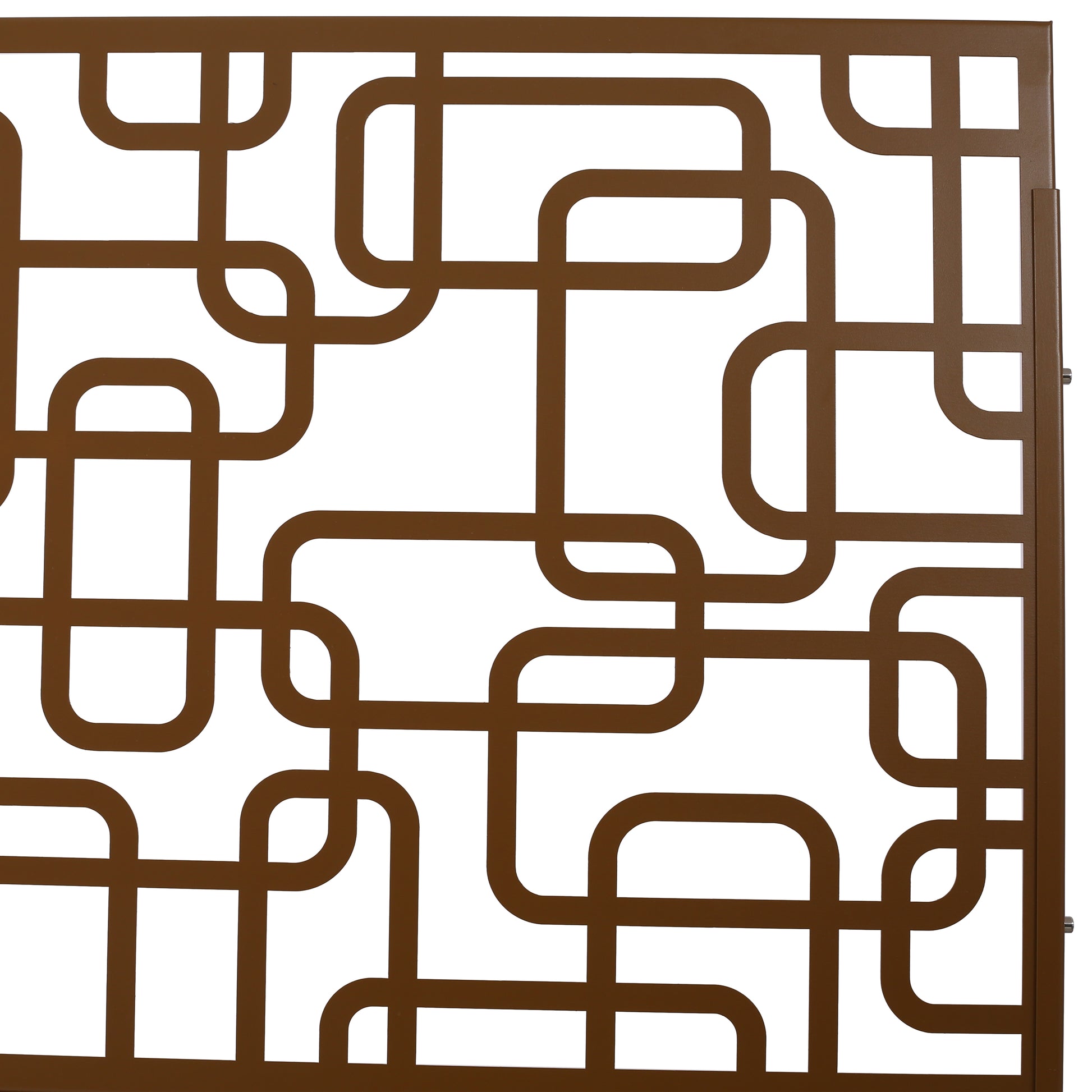 Bronze metal decorative privacy screen with a geometric interlocking pattern ideal for outdoor spaces