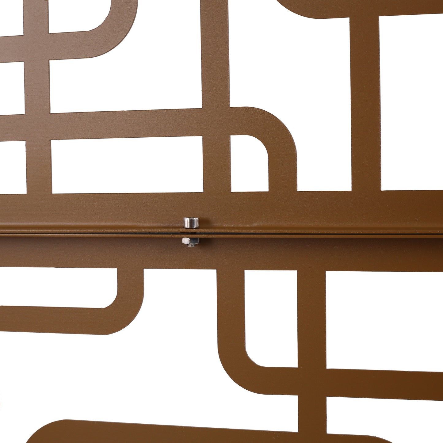Brown metal decorative garden screen with abstract cutouts