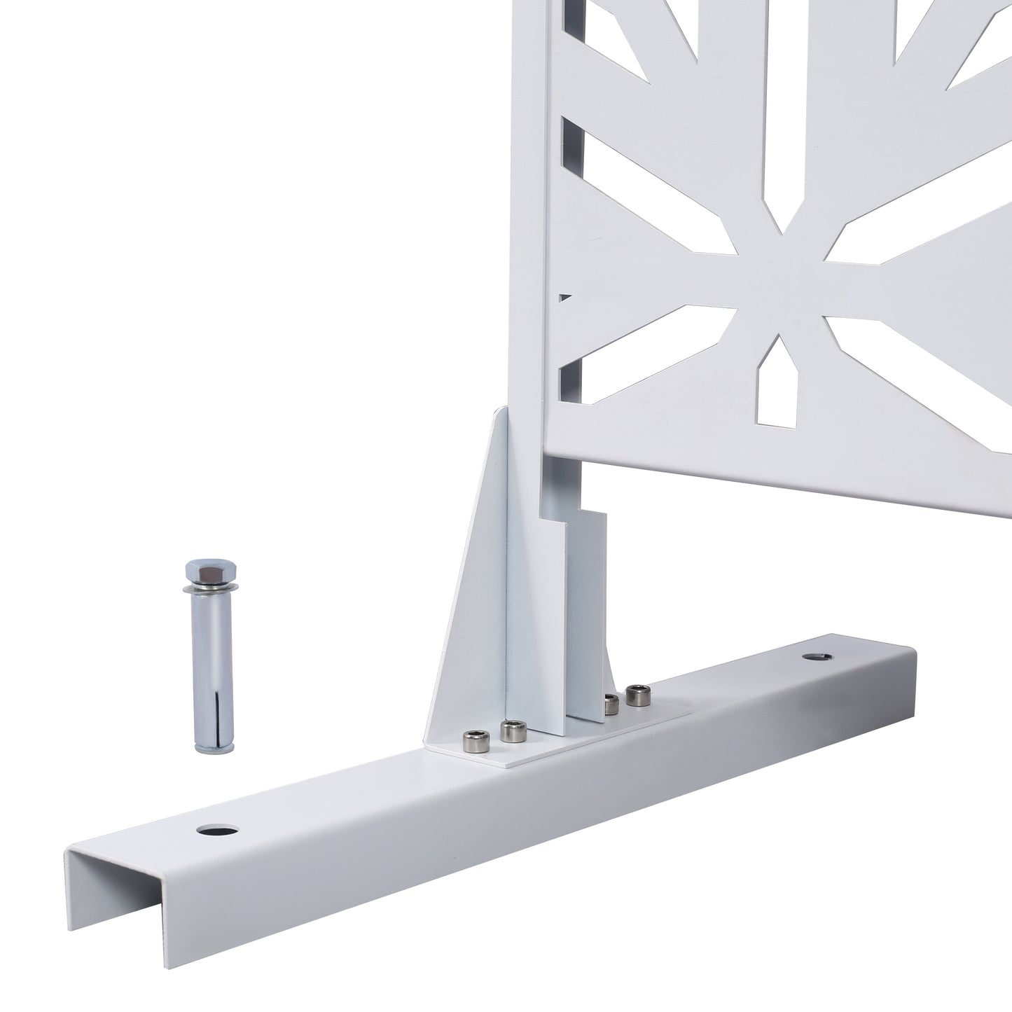 White metal garden screen base with intricate snowflake pattern including fasteners for outdoor use